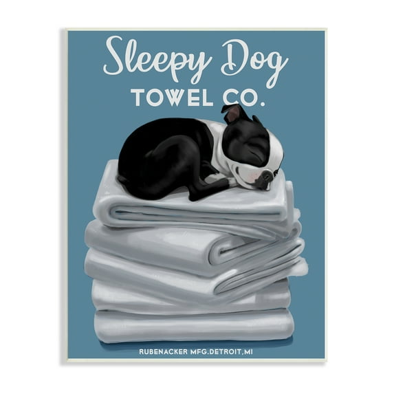 Stupell Industries Sleepy Dog Towel Co. Adorable Boston Terrier Bathroom, 10 x 15, Design by Brian Rubenacker