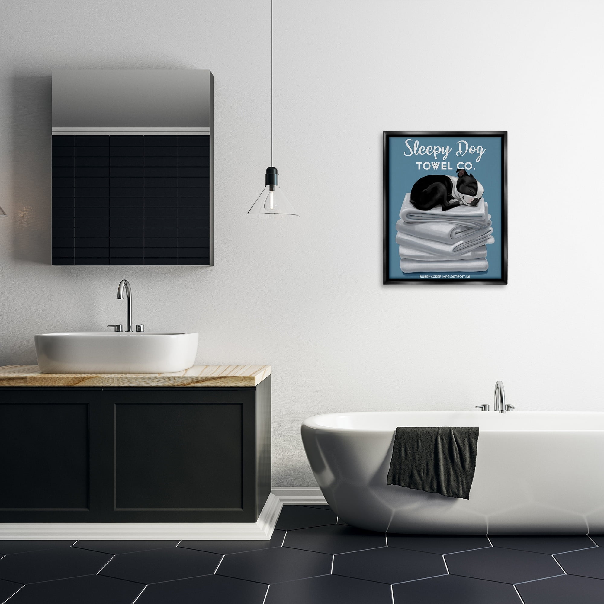 Stupell Industries Sleepy Dog Towel Co. Adorable Boston Terrier Bathroom Jet Black Framed Floating Canvas Wall Art, 24x30, by Brian Rubenacker