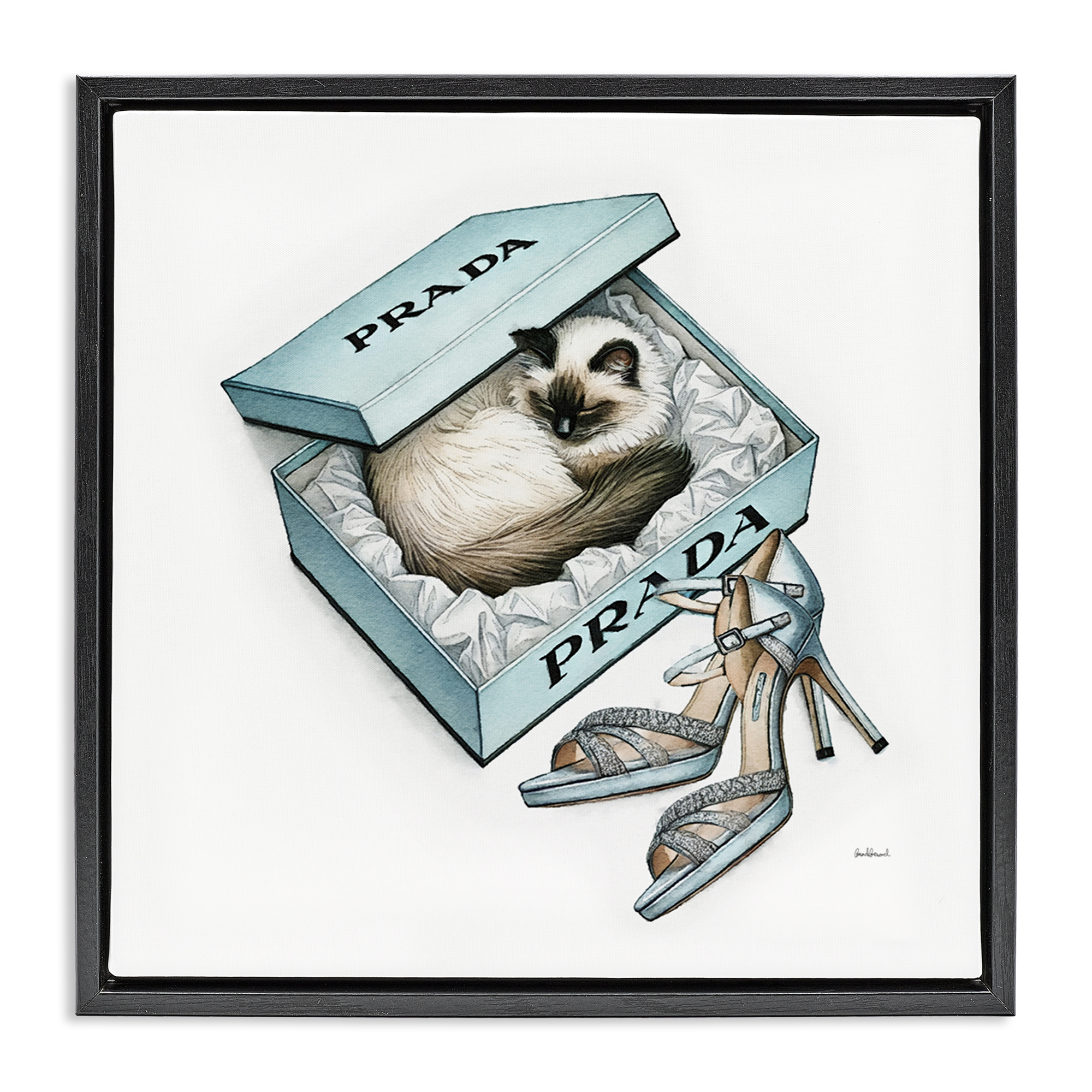 Stupell Industries Sleepy Kitten in Shoebox Animals Painting Black Floater Framed Canvas Art Print Wall Art, 18 x 18