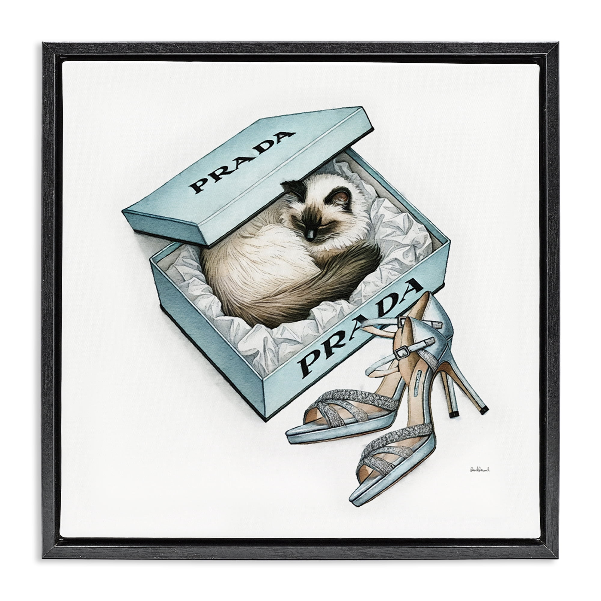 Stupell Industries Sleepy Kitten in Shoebox Animals Painting Black Floater Framed Canvas Art Print Wall Art, 25 x 25