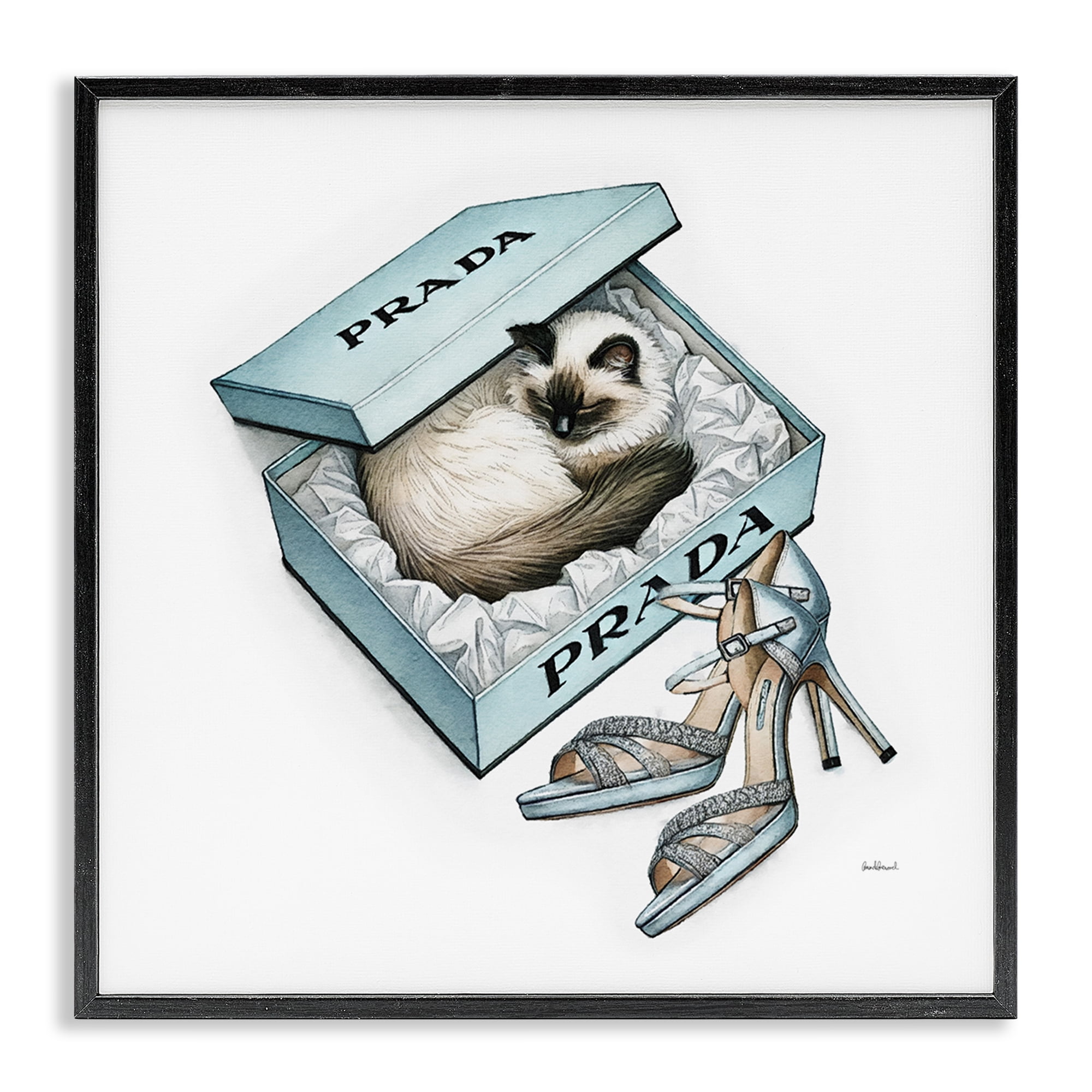 Stupell Industries Sleepy Kitten in Shoebox Animals Painting Black Framed Art Print Wall Art, 17 x 17