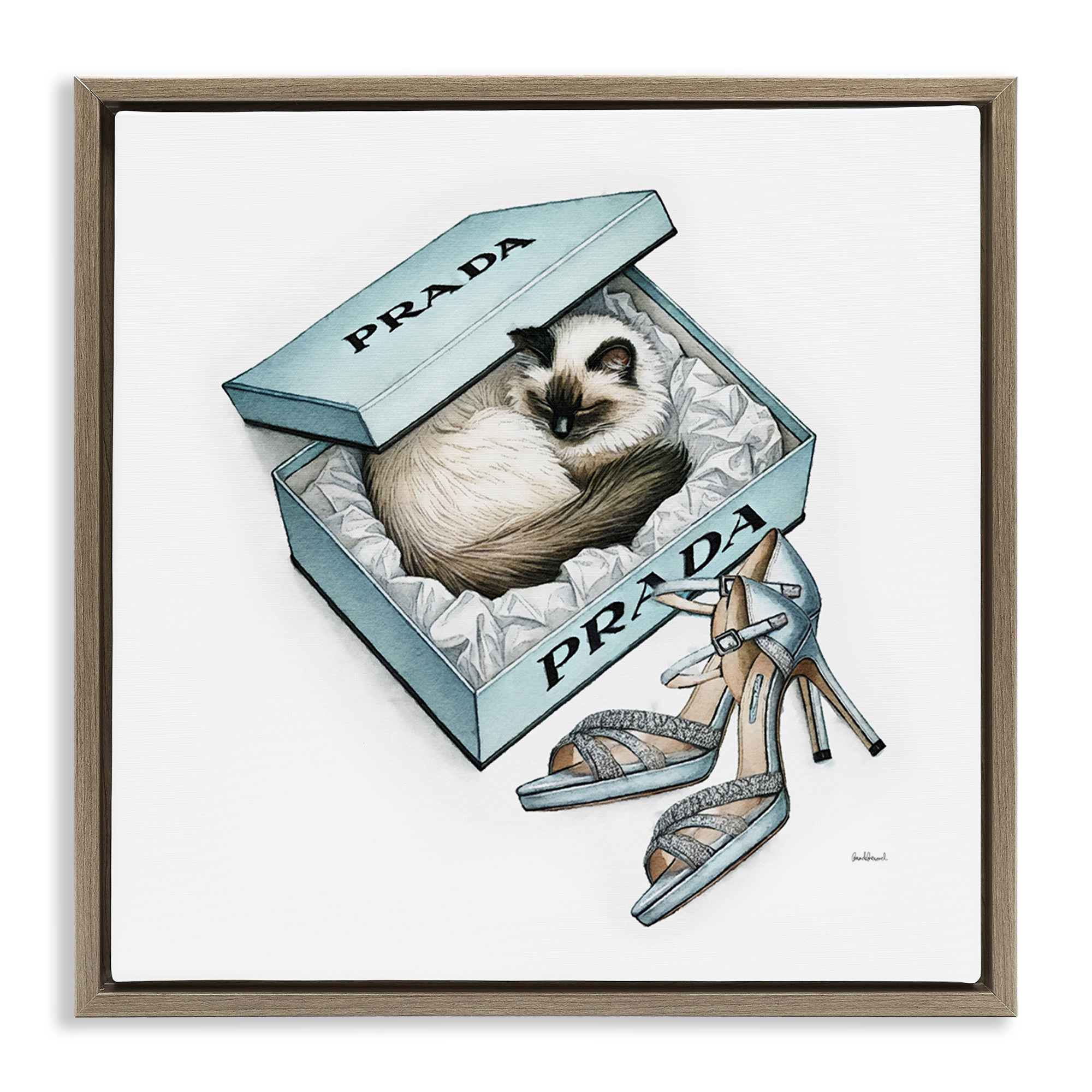 Stupell Industries Sleepy Kitten in Shoebox Animals Painting Brown Floater Framed Canvas Art Print Wall Art, 18 x 18