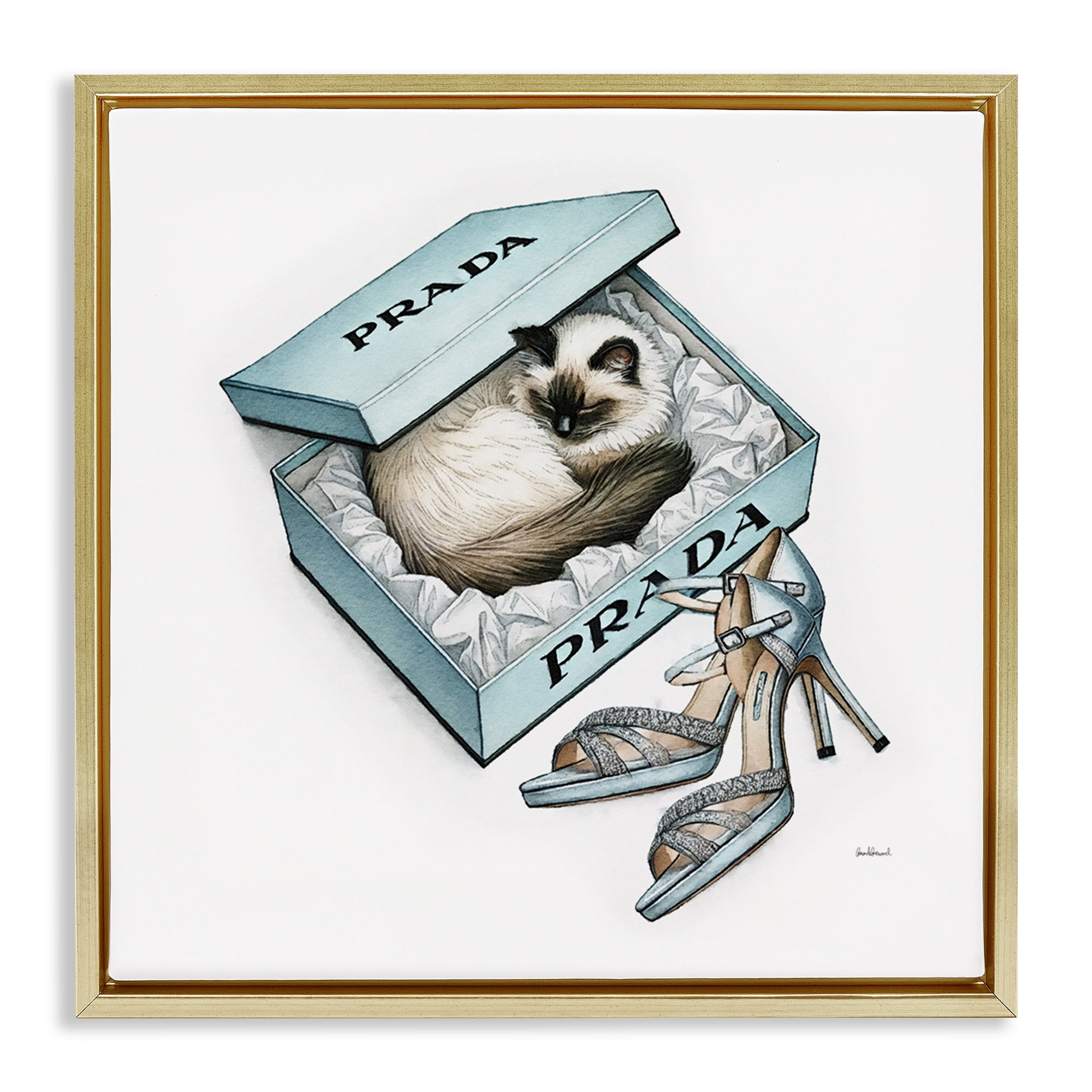 Stupell Industries Sleepy Kitten in Shoebox Animals Painting Gold Floater Framed Canvas Art Print Wall Art, 18 x 18