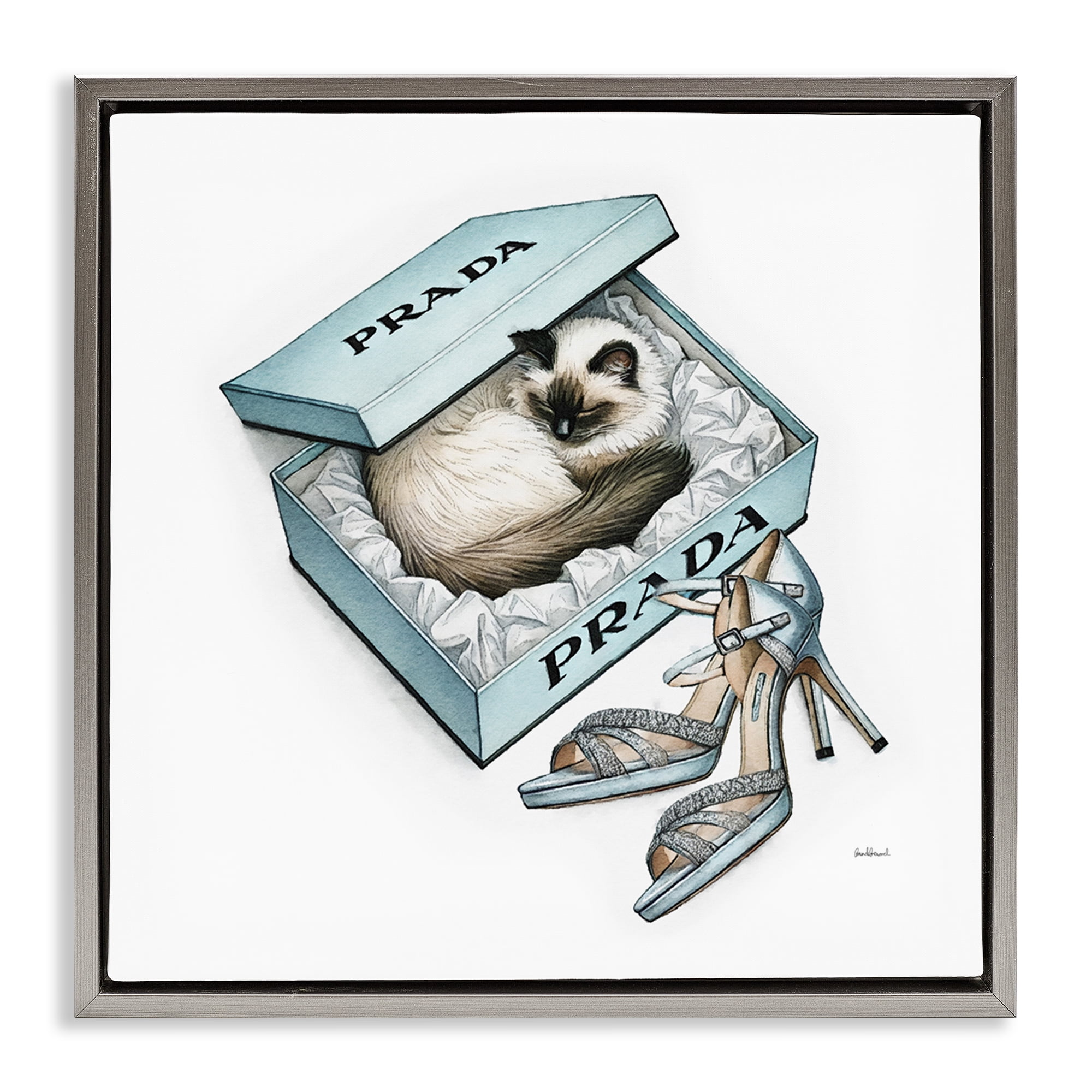 Stupell Industries Sleepy Kitten in Shoebox Animals Painting Gray Floater Framed Canvas Art Print Wall Art, 18 x 18