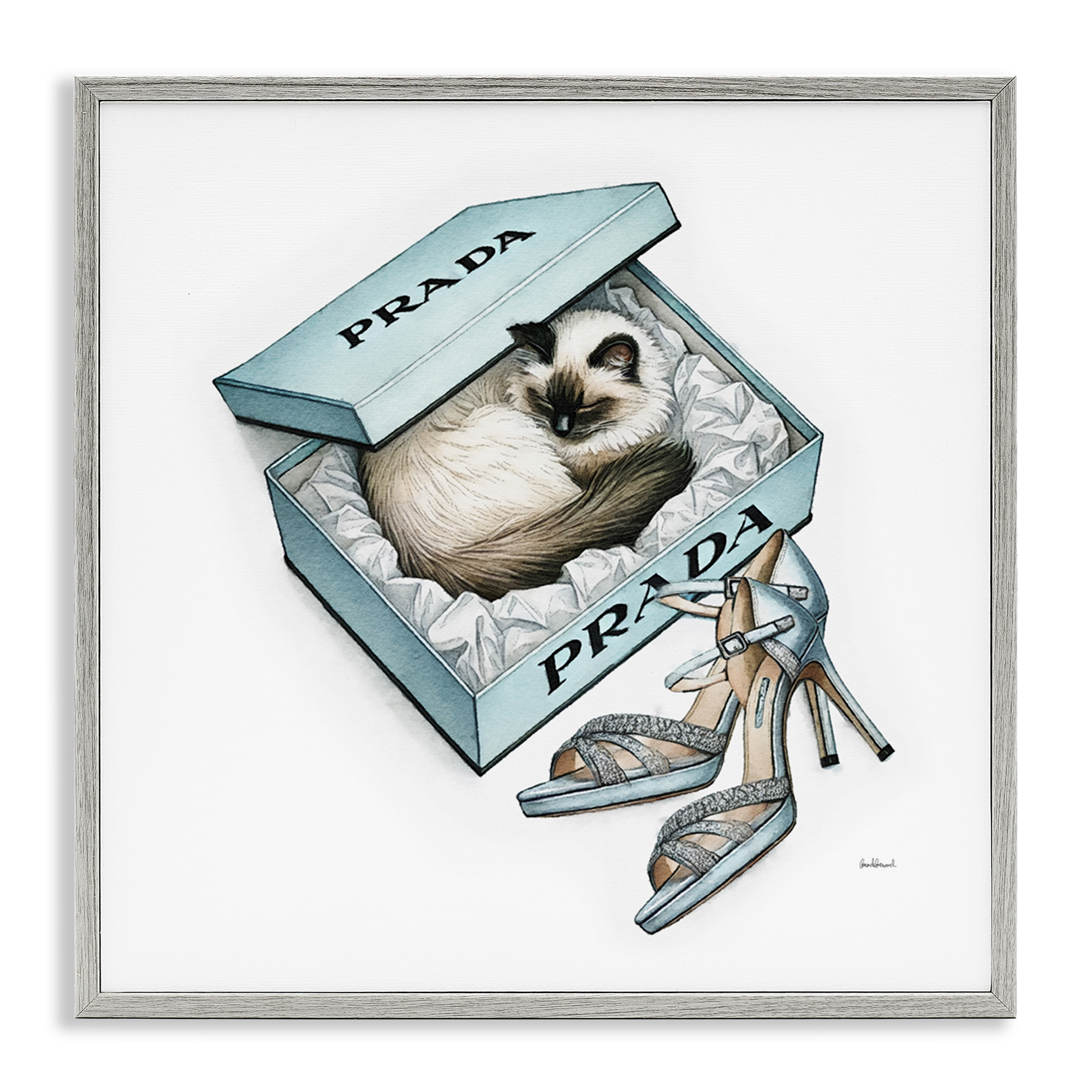 Stupell Industries Sleepy Kitten in Shoebox Animals Painting Gray Framed Art Print Wall Art, 17 x 17