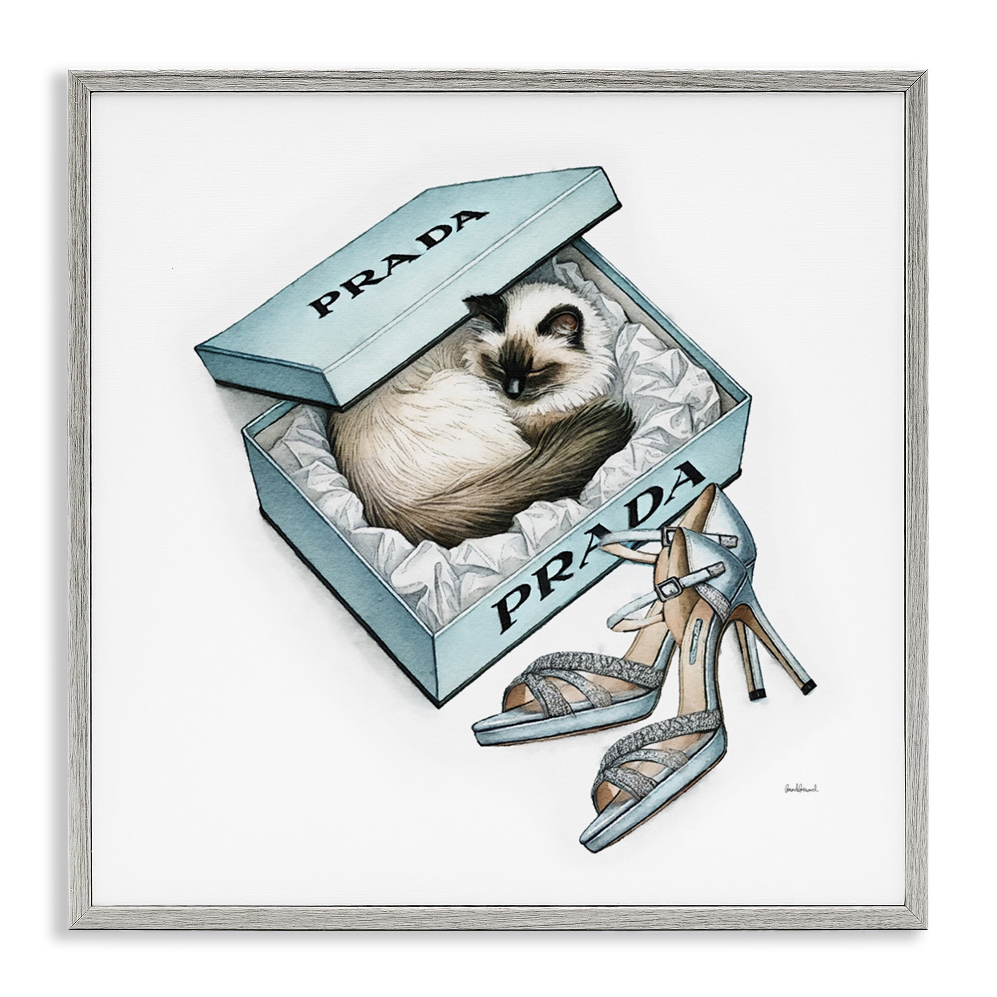 Stupell Industries Sleepy Kitten in Shoebox Animals Painting Gray Framed Art Print Wall Art, 24 x 24