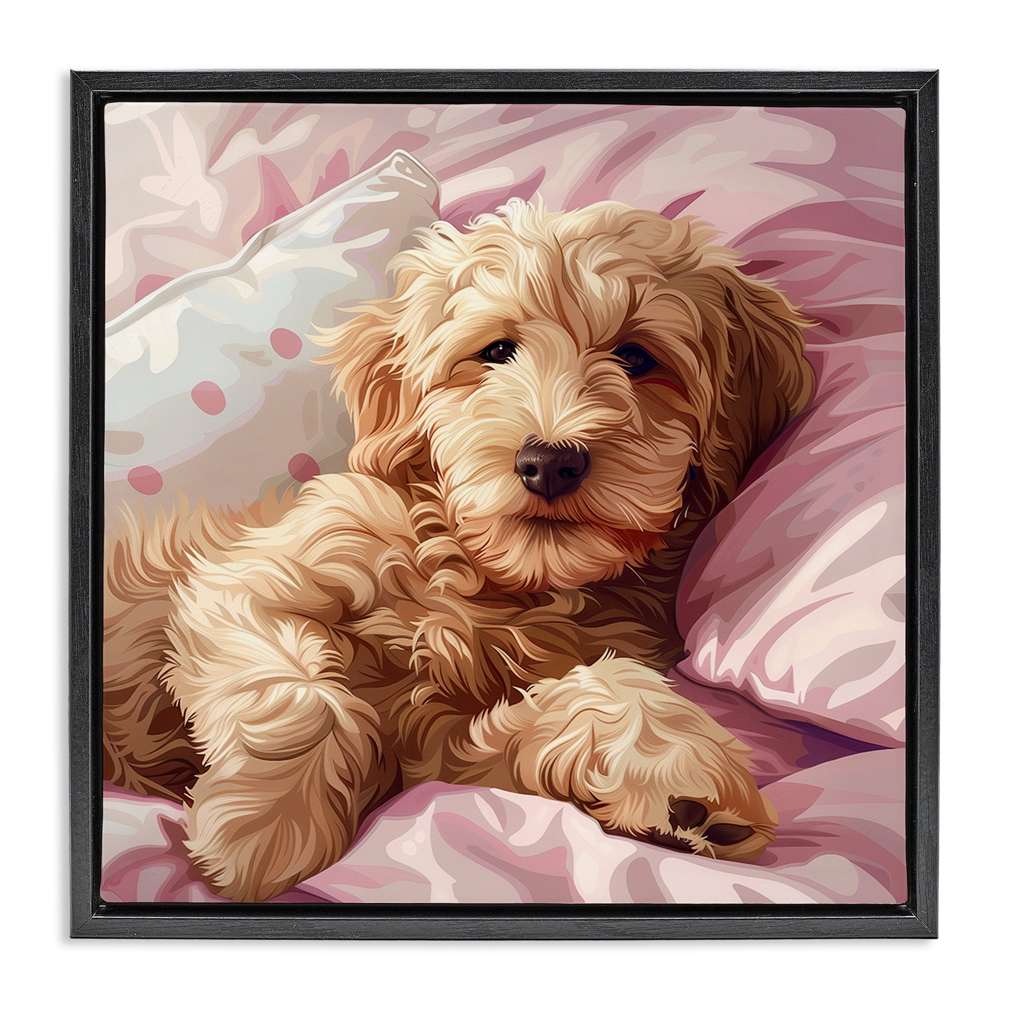 Stupell Industries Sleepy Labradoodle in Bed Animals Painting Black Floater Framed Canvas Art Print Wall Art, 25 x 25