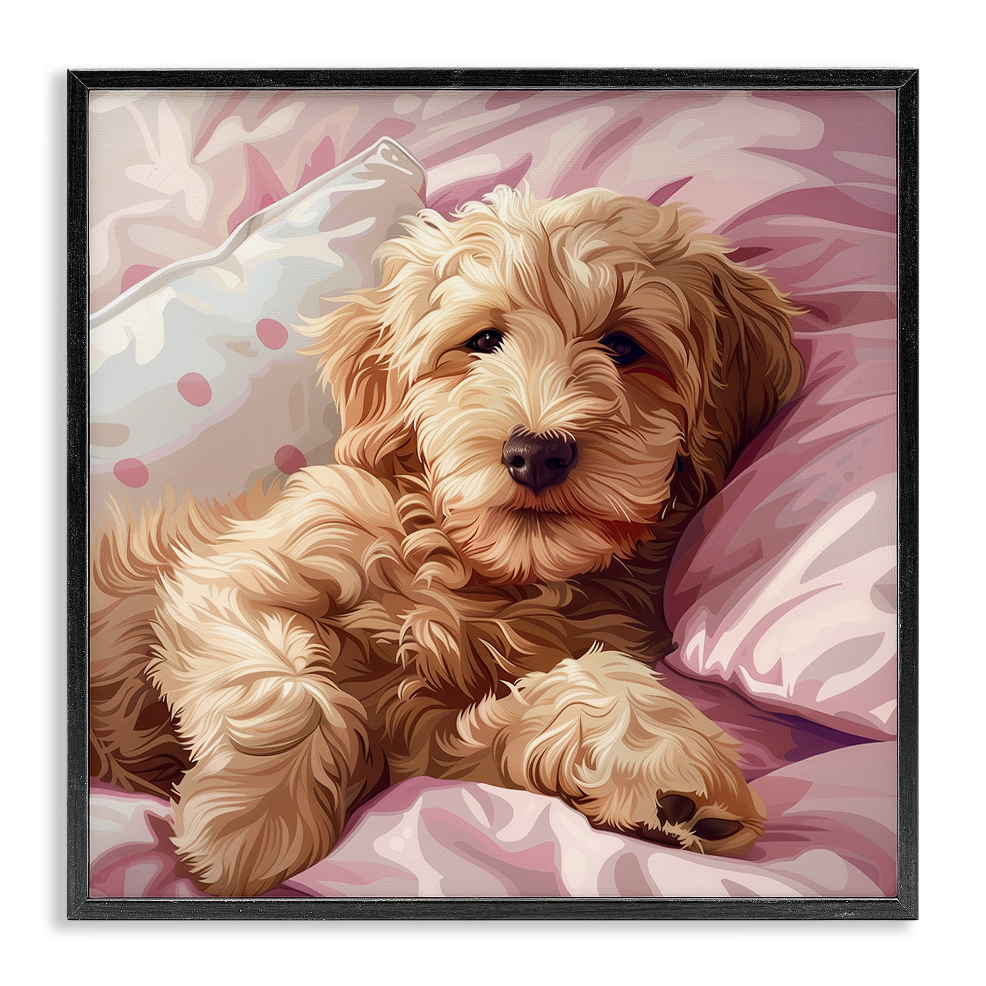 Stupell Industries Sleepy Labradoodle in Bed Animals Painting Black Framed Art Print Wall Art, 24 x 24