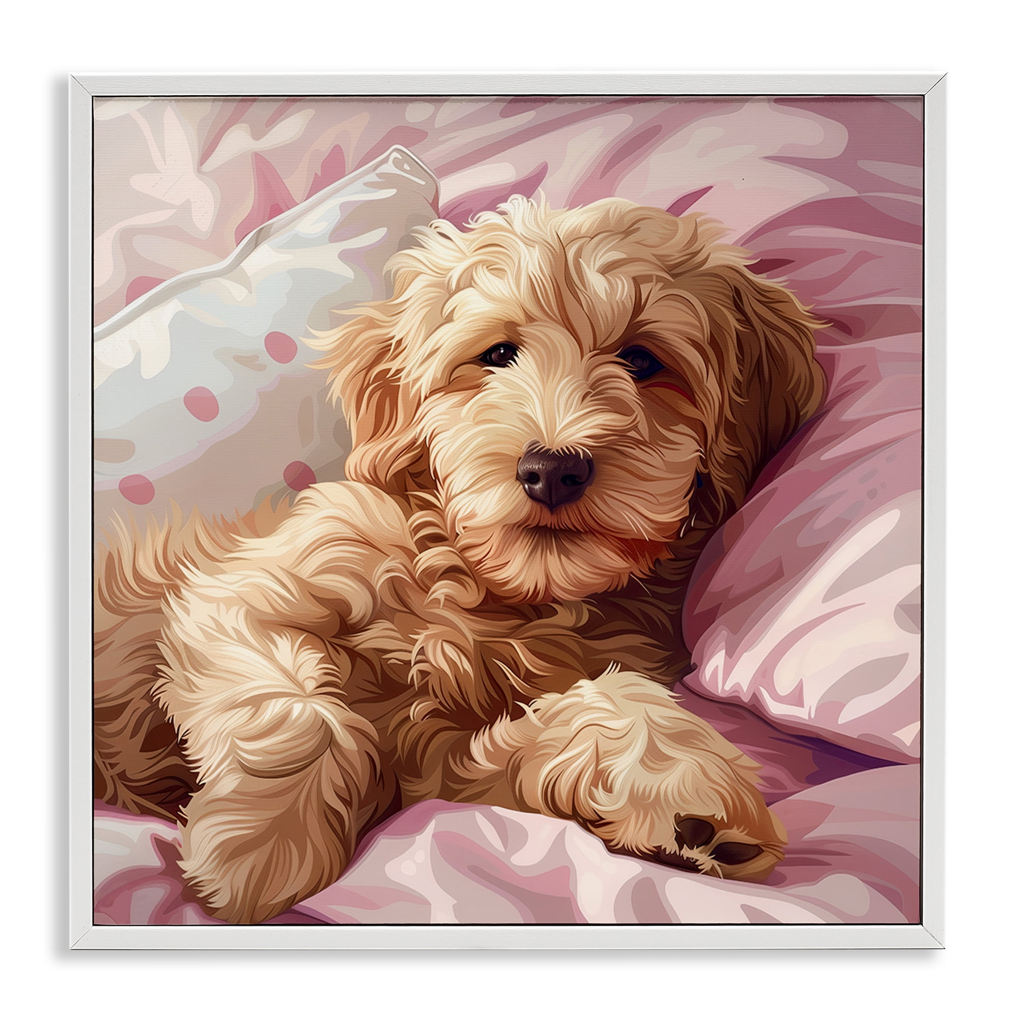 Stupell Industries Sleepy Labradoodle in Bed Animals Painting White Framed Art Print Wall Art, 24 x 24