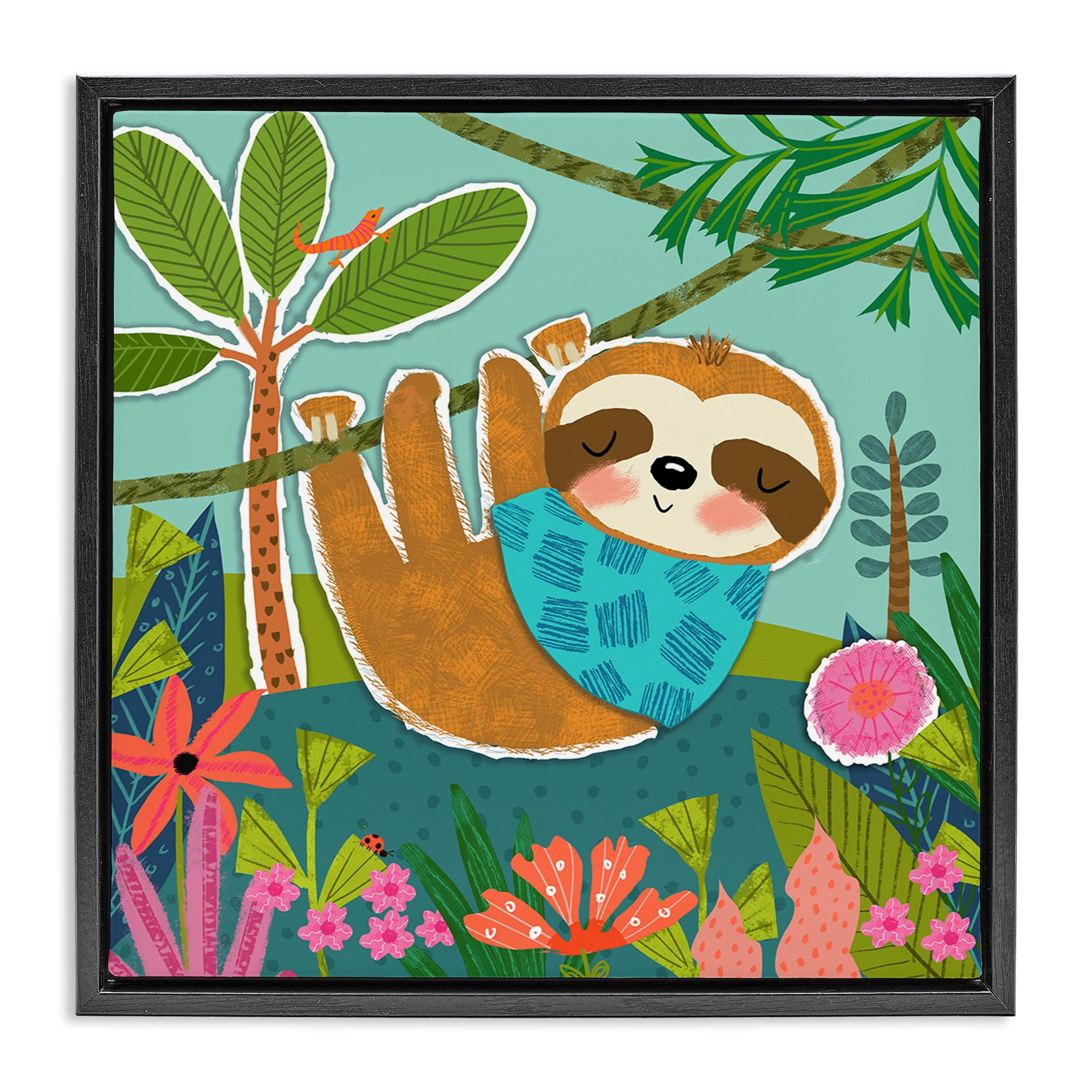 Stupell Industries Sleepy Sloth in Nature Animals Painting Black Floater Framed Canvas Art Print Wall Art, 18 x 18