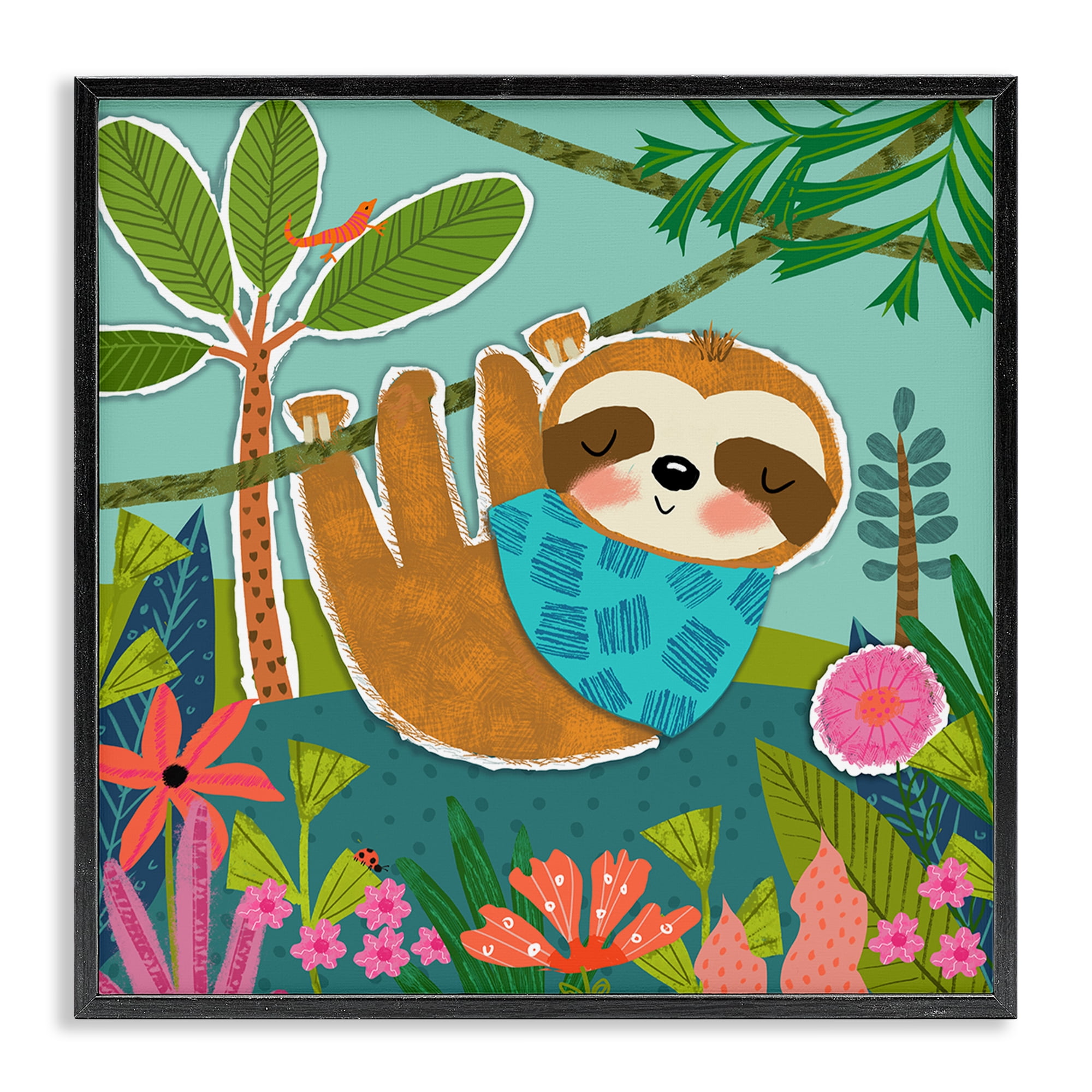Stupell Industries Sleepy Sloth in Nature Animals Painting Black Framed Art Print Wall Art, 12 x 12
