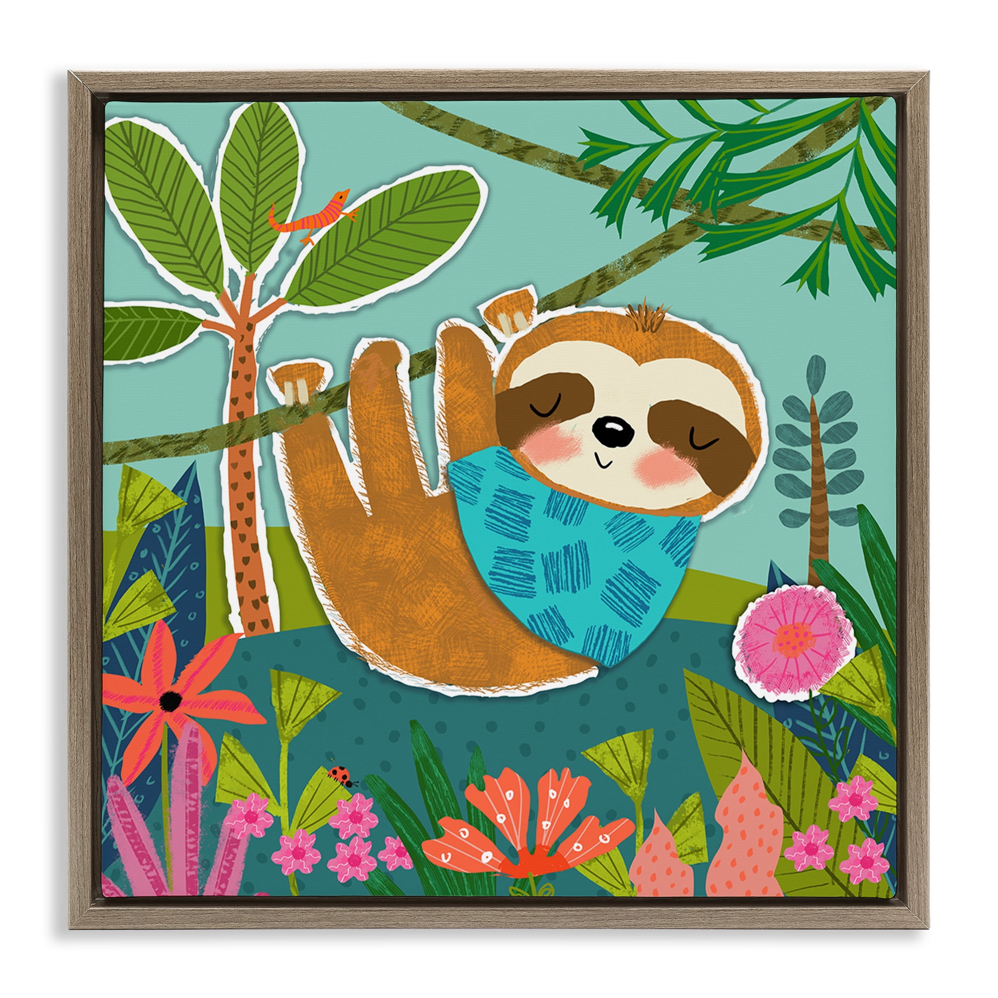 Stupell Industries Sleepy Sloth in Nature Animals Painting Brown Floater Framed Canvas Art Print Wall Art, 25 x 25