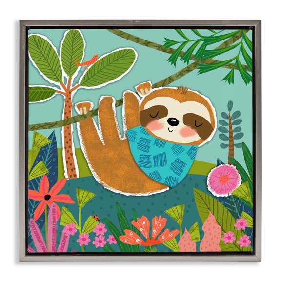Stupell Industries Sleepy Sloth in Nature Animals Painting Gray Floater Framed Canvas Art Print Wall Art, 18 x 18