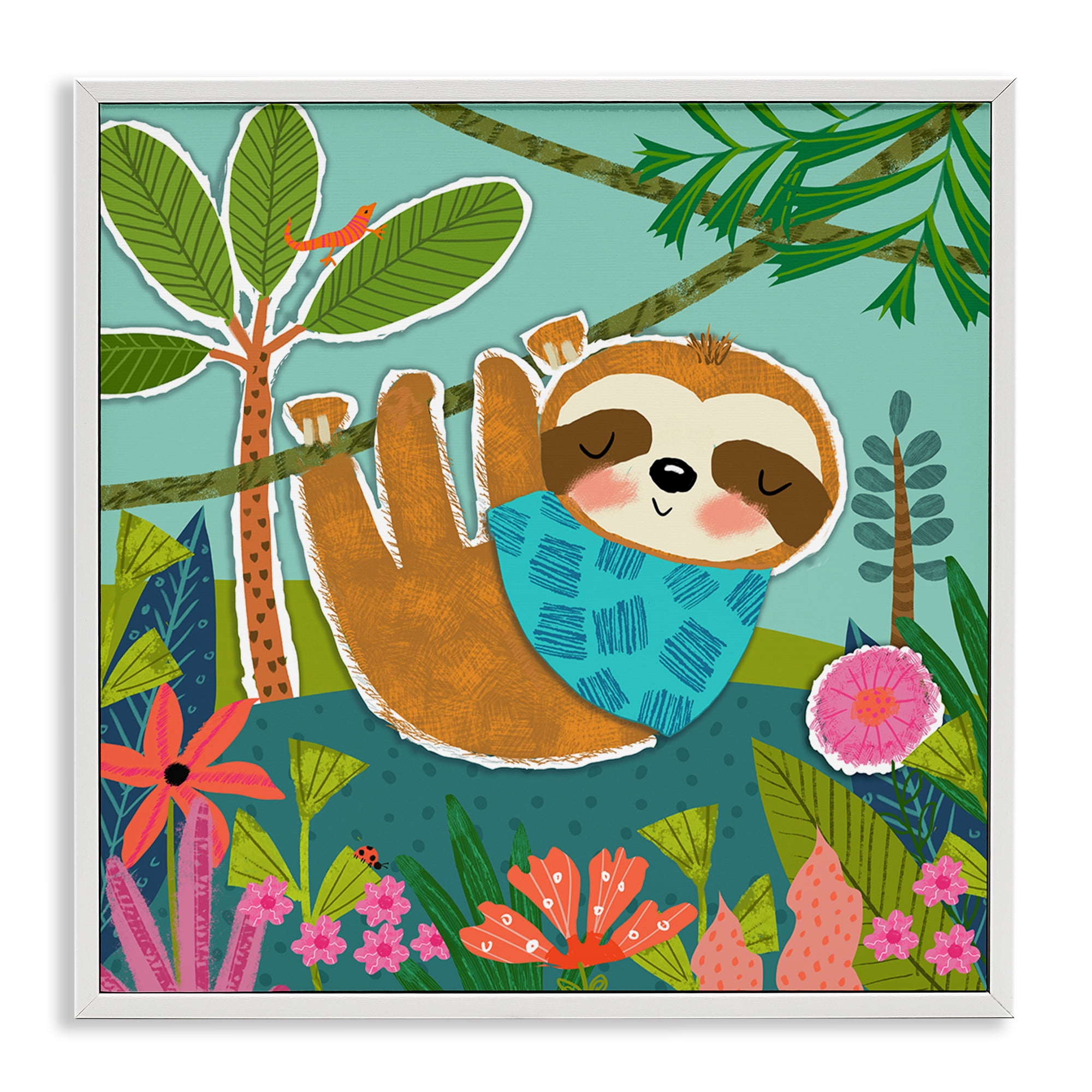 Stupell Industries Sleepy Sloth in Nature Animals Painting White Framed Art Print Wall Art, 17 x 17