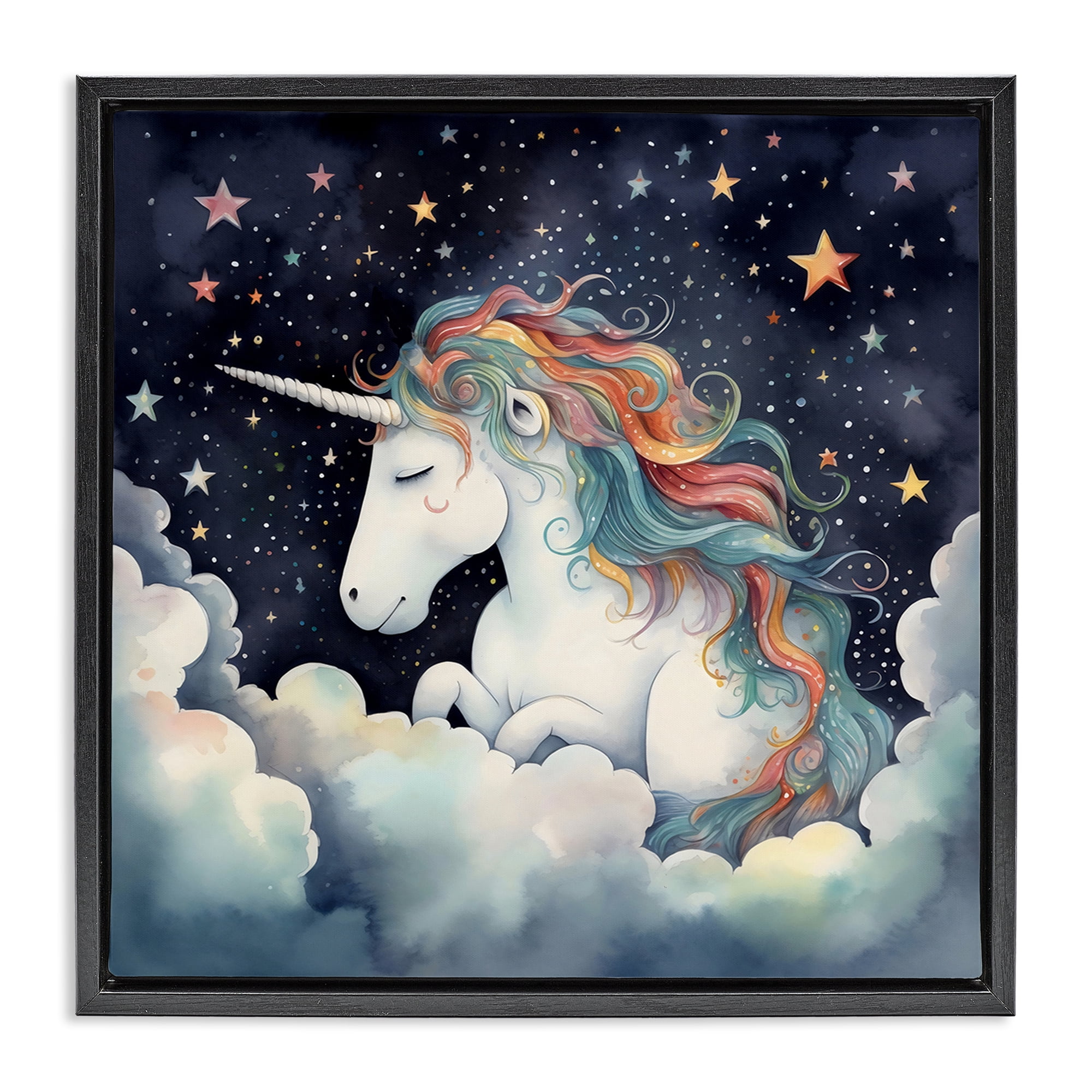 Stupell Industries Sleepy Unicorn in Starlit Clouds Black Framed Floater Canvas Wall Art, design by Creative Studio