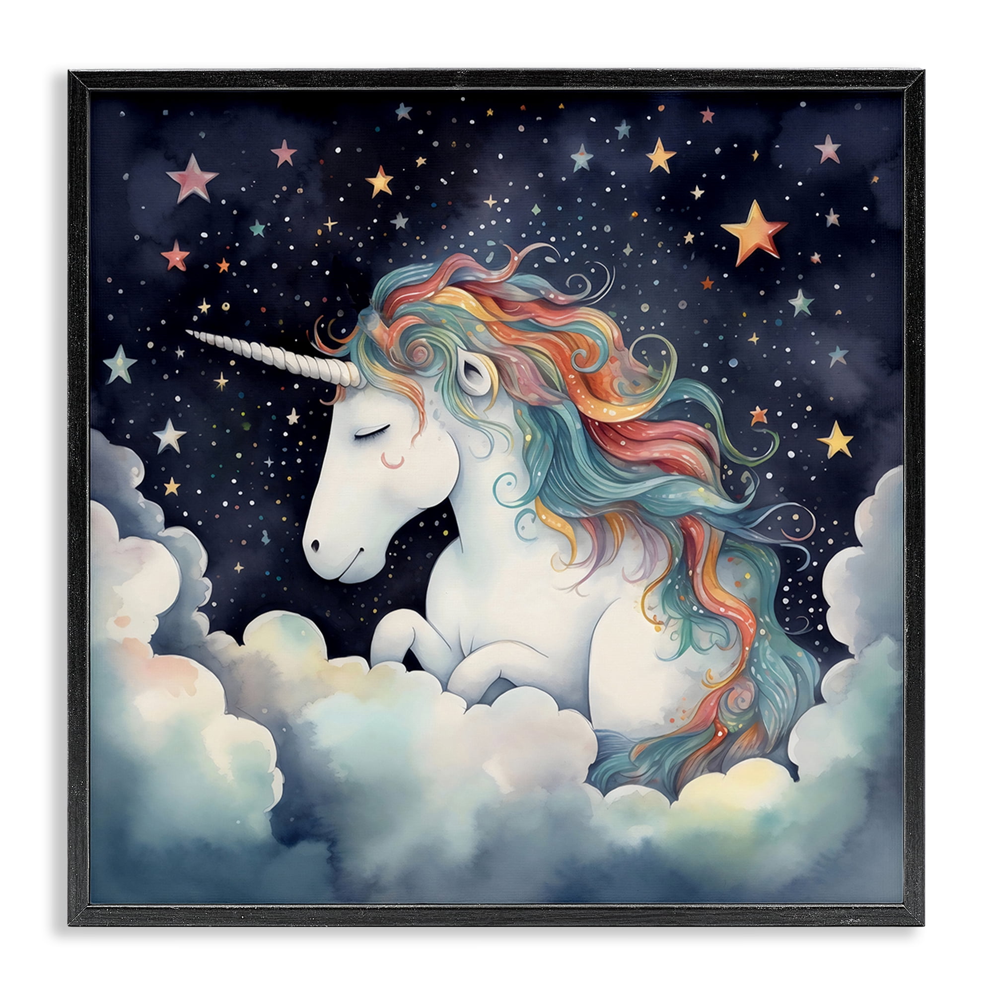 Stupell Industries Sleepy Unicorn in Starlit Clouds Black Framed Giclee Art, design by Creative Studio