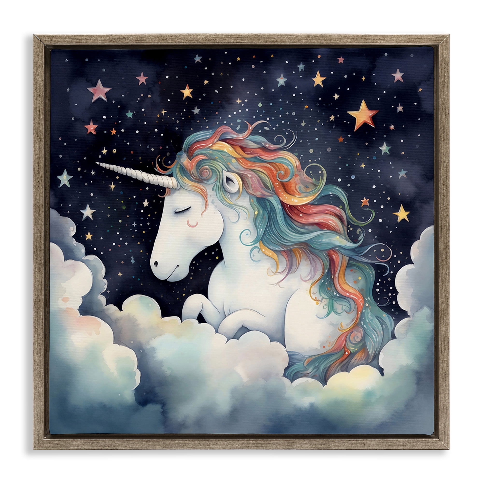 Stupell Industries Sleepy Unicorn in Starlit Clouds Brown Framed Floater Canvas Wall Art, design by Creative Studio