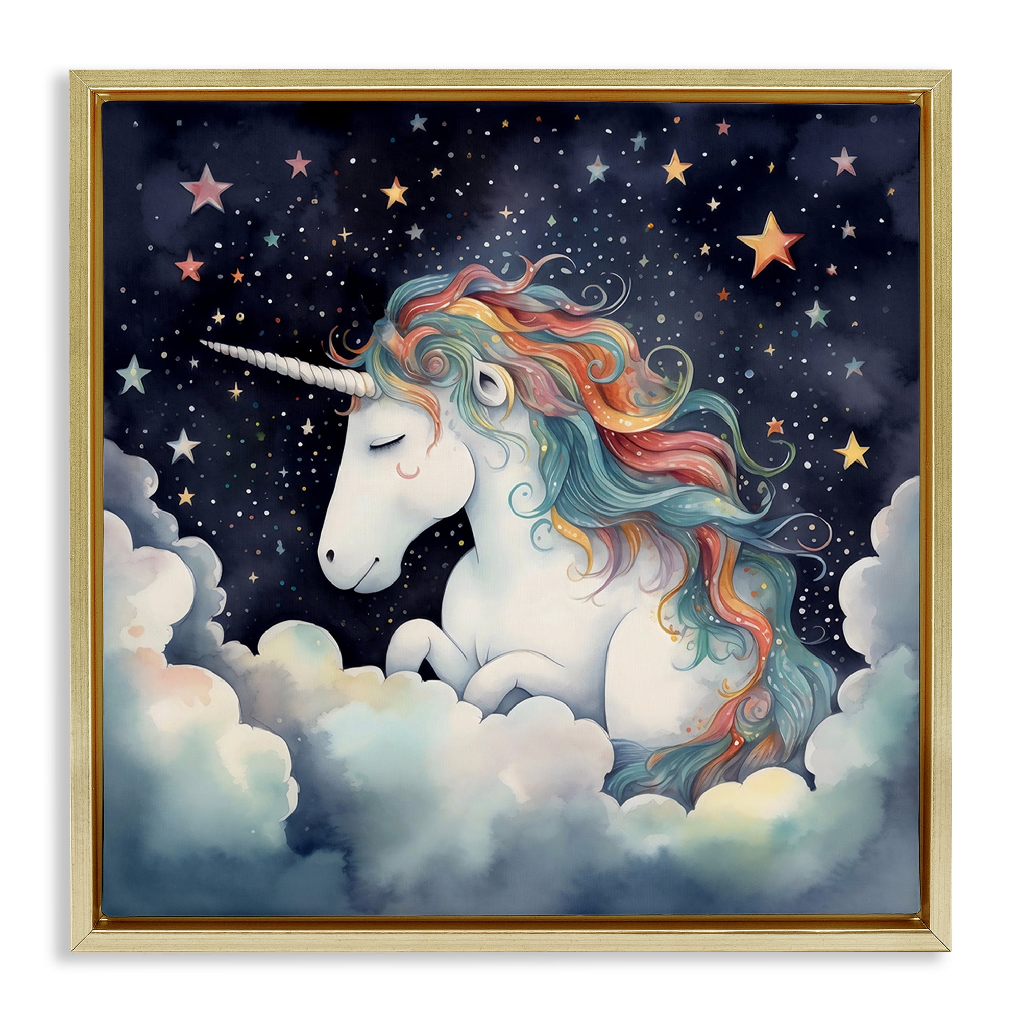 Stupell Industries Sleepy Unicorn in Starlit Clouds Gold Framed Floater Canvas Wall Art, design by Creative Studio