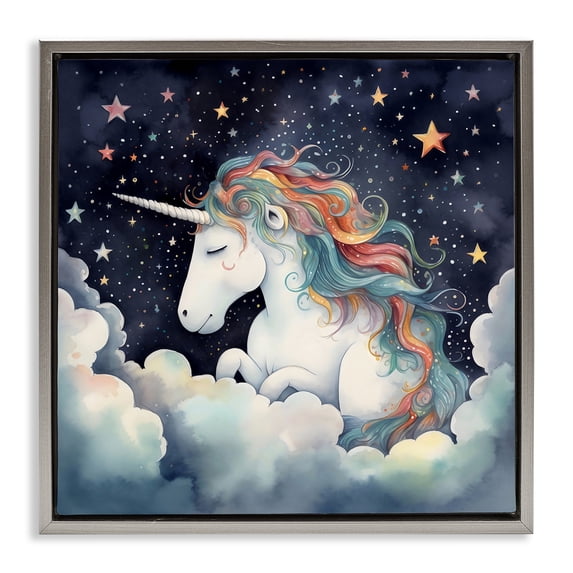 Stupell Industries Eclectic Sleepy Unicorn in Starlit Clouds Gray Floating Frame Canvas Art, 18 x 18, by Creative Studio