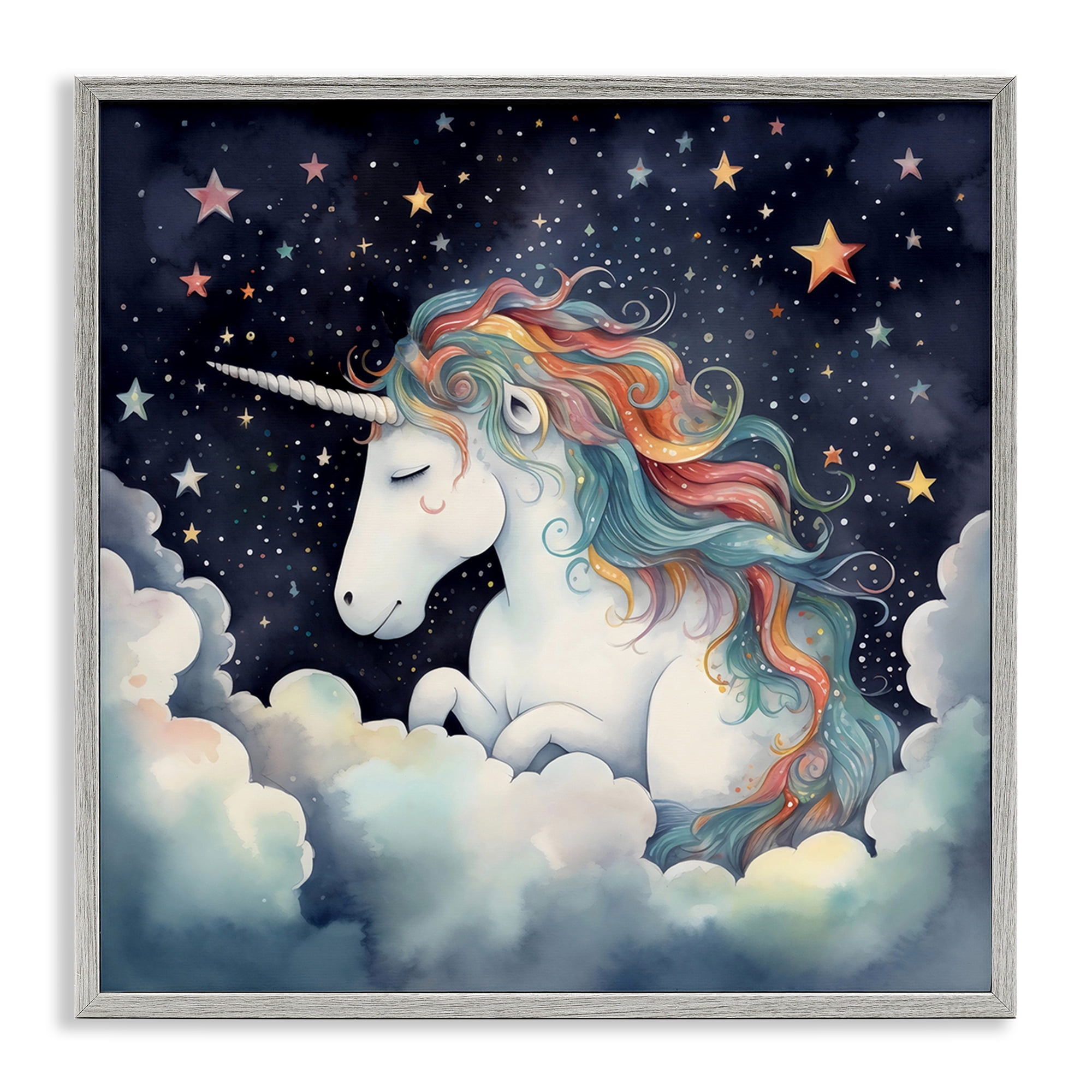 Stupell Industries Sleepy Unicorn in Starlit Clouds Gray Framed Giclee Art, design by Creative Studio