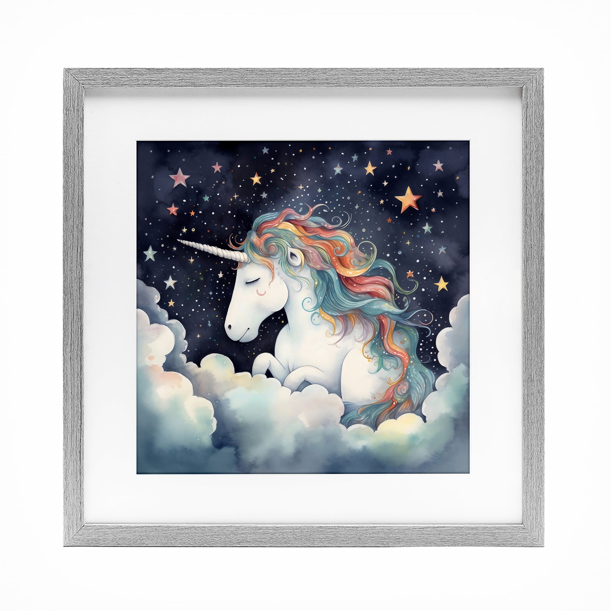 Stupell Industries Sleepy Unicorn in Starlit Clouds Gray Framed Print Under Glass, design by Creative Studio