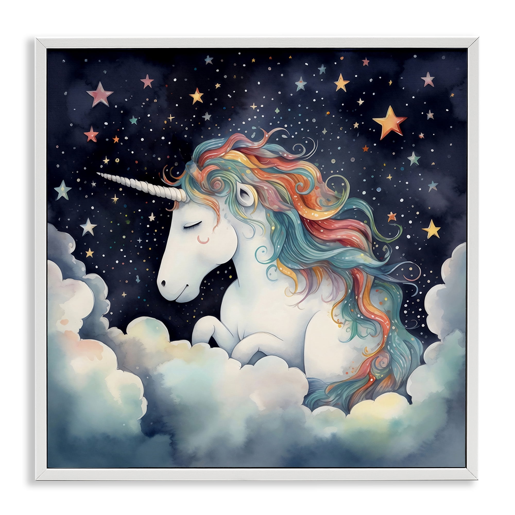 Stupell Industries Sleepy Unicorn in Starlit Clouds White Framed Giclee Art, design by Creative Studio