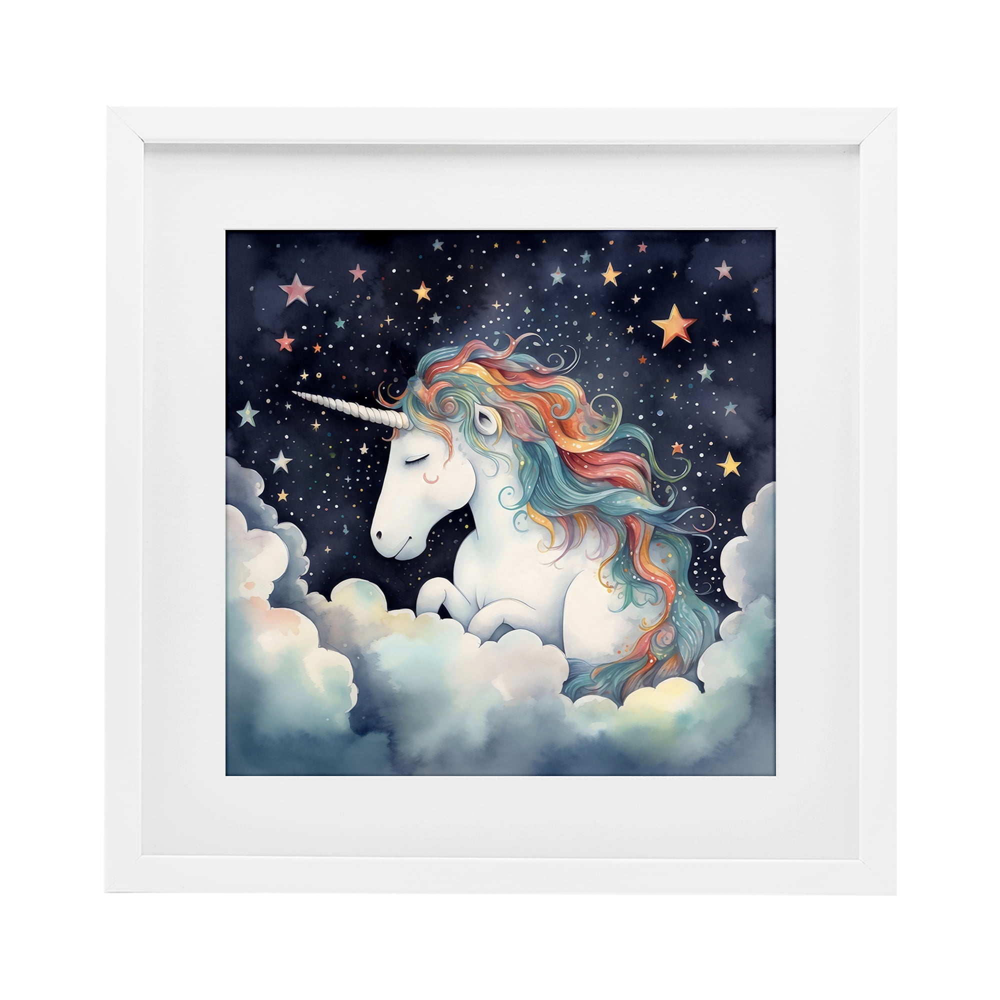 Stupell Industries Sleepy Unicorn in Starlit Clouds White Framed Print Under Glass, design by Creative Studio