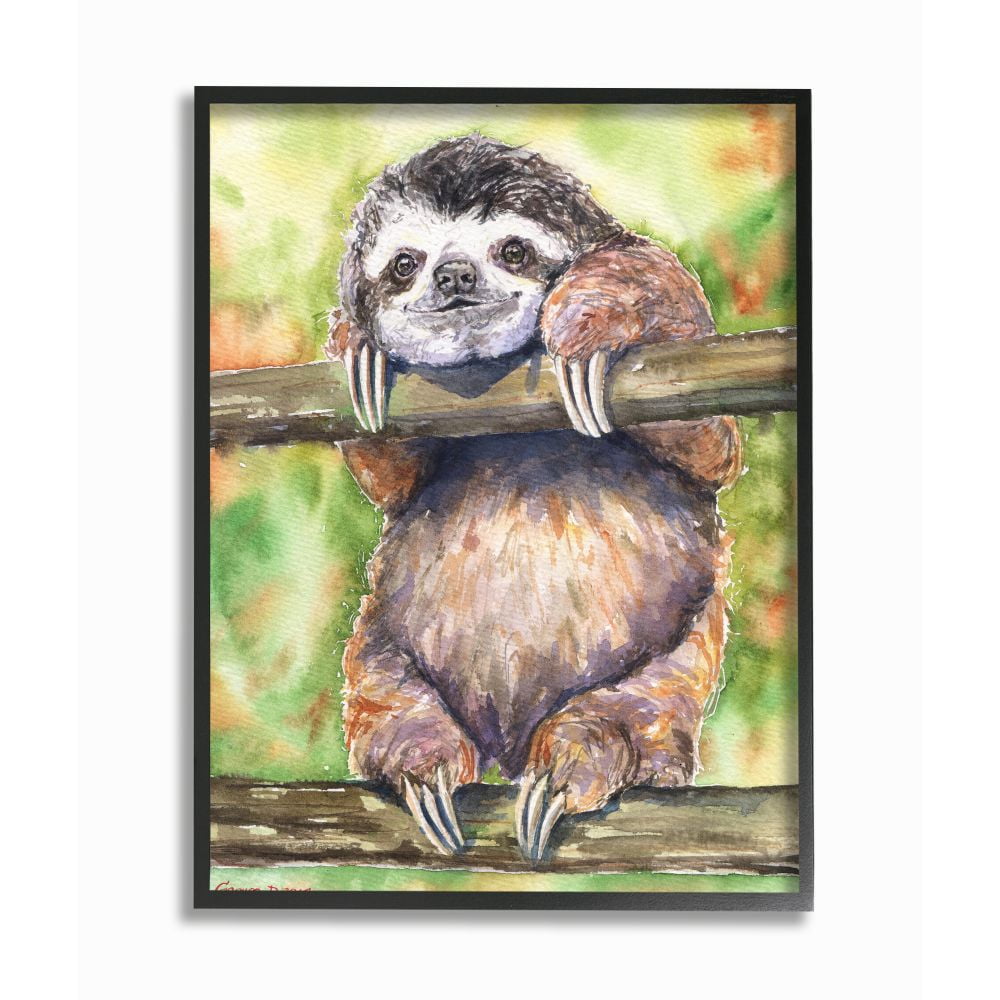 Stupell Industries Sloth Animal Green Orange Watercolor Painting Framed Giclee Texturized Art by George Dyachenko