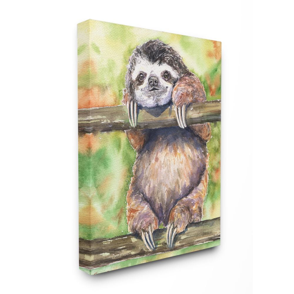 Stupell Industries Sloth Animal Green Orange Watercolor Painting Super Canvas Wall Art by George Dyachenko