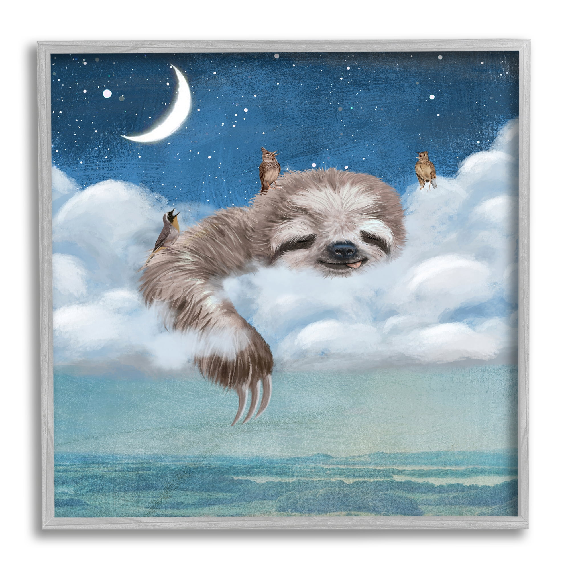 Stupell Industries Sloth Asleep in Clouds Animals & Insects Painting Gray Framed Art Print Wall Art, 12 x 12