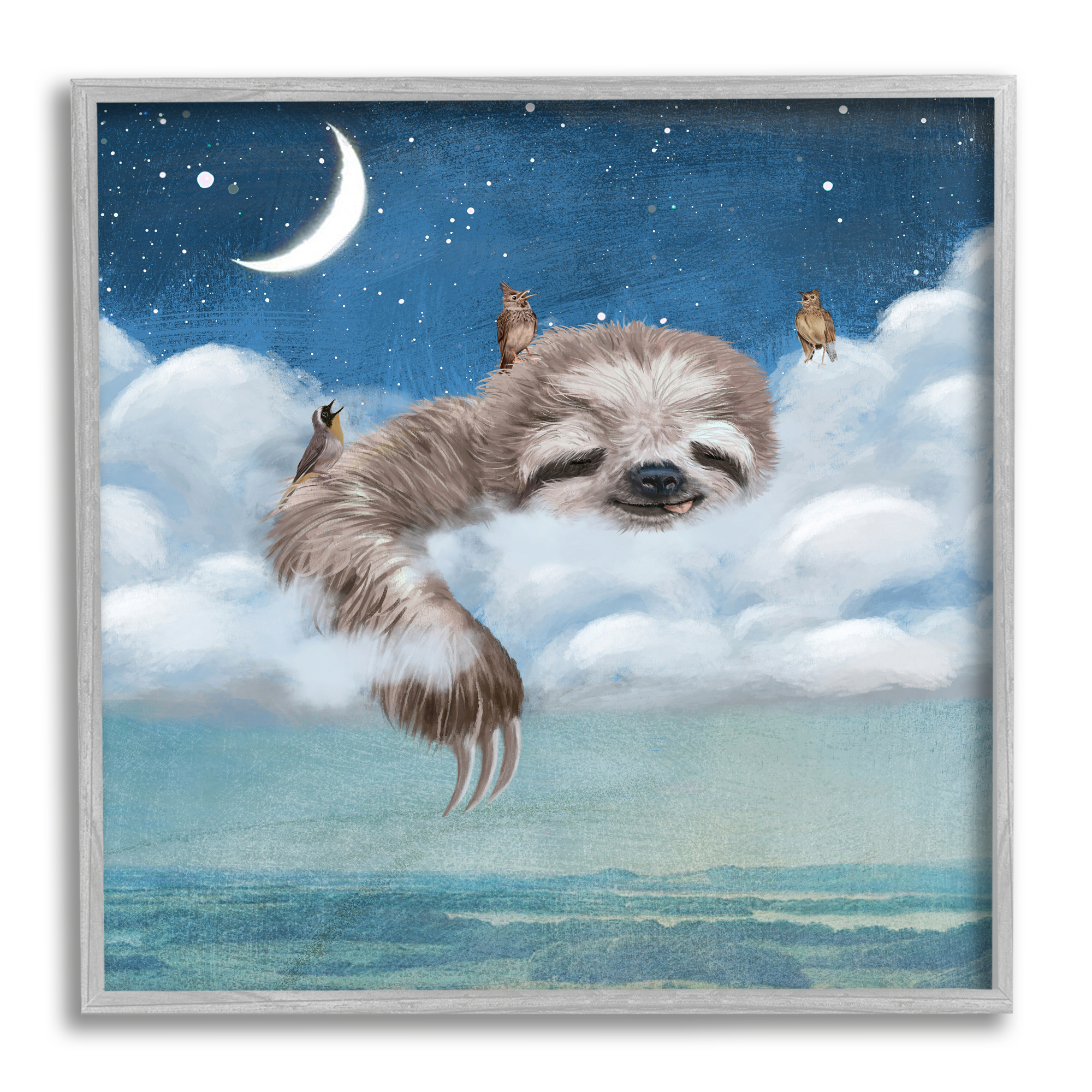 Stupell Industries Sloth Asleep in Clouds Animals & Insects Painting Gray Framed Art Print Wall Art, 17 x 17