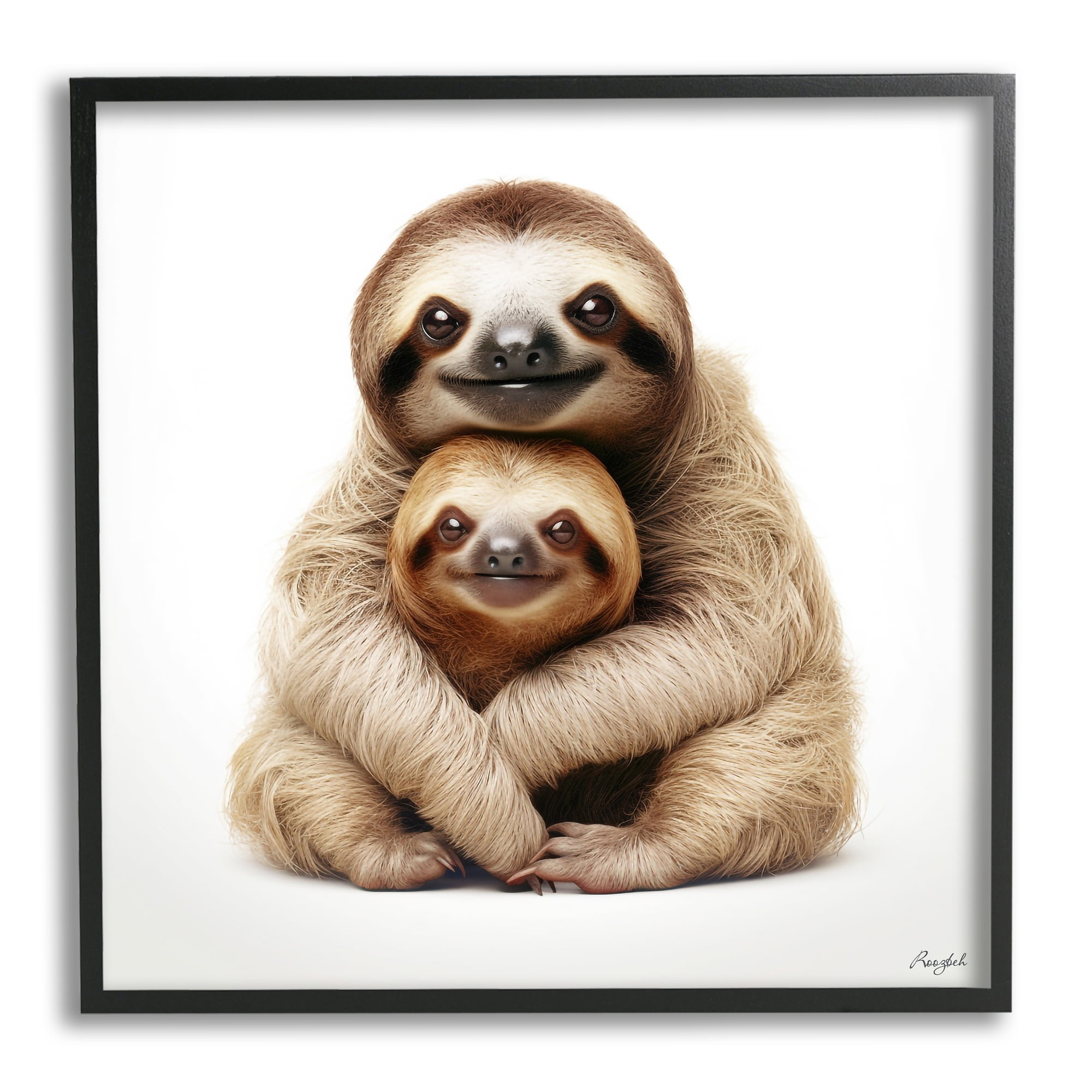 Stupell Industries Sloth & Baby Smiling Animals & Insects Painting Black Framed Art Print Wall Art, 12 x 12