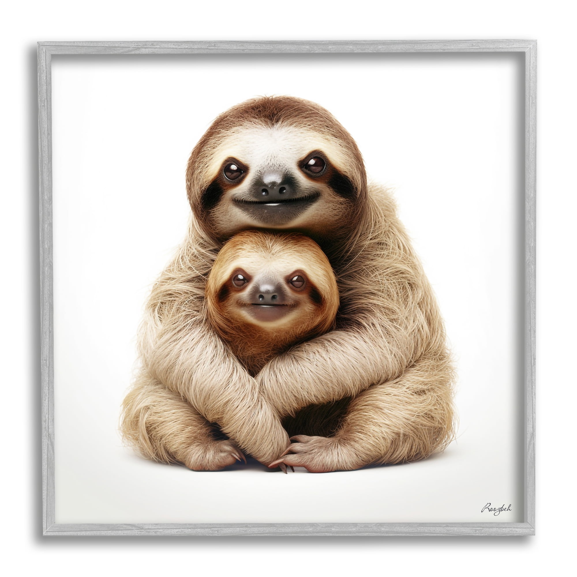 Stupell Industries Sloth & Baby Smiling Animals & Insects Painting Gray Framed Art Print Wall Art, 17 x 17