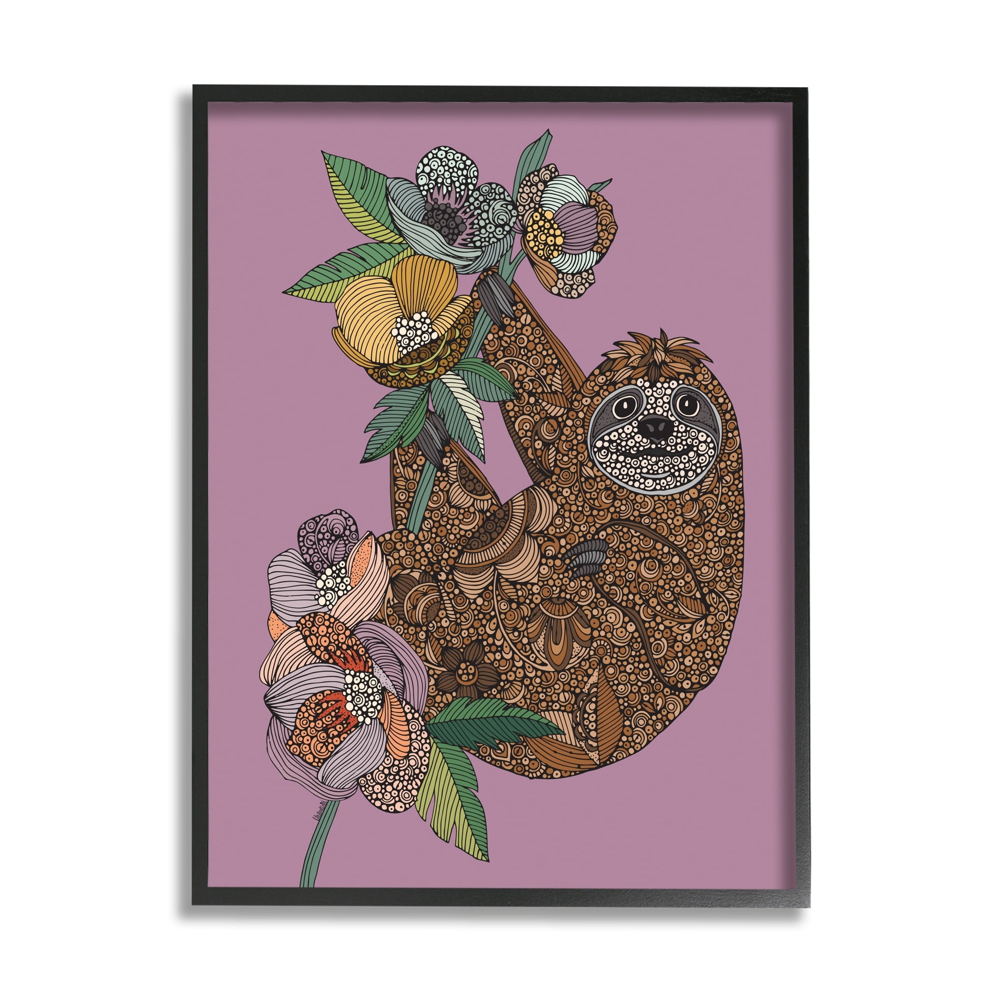Stupell Industries Sloth Hanging Flower Blossoms Intricate Fractals Pattern Graphic Art Black Framed Art Print Wall Art, Design by Valentina Harper