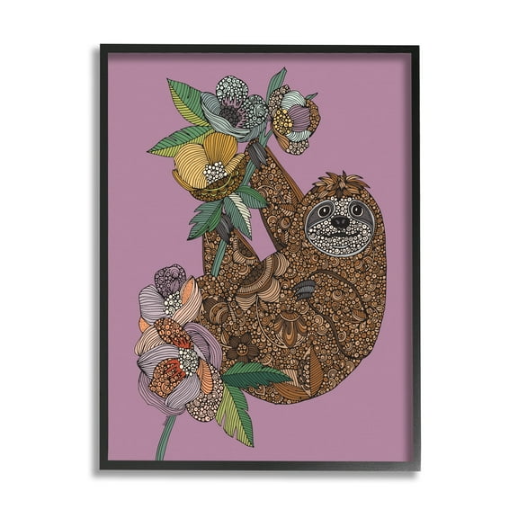 Stupell Industries Sloth Hanging Flower Blossoms Intricate Fractals Pattern Graphic Art Black Framed Art Print Wall Art, Design by Valentina Harper