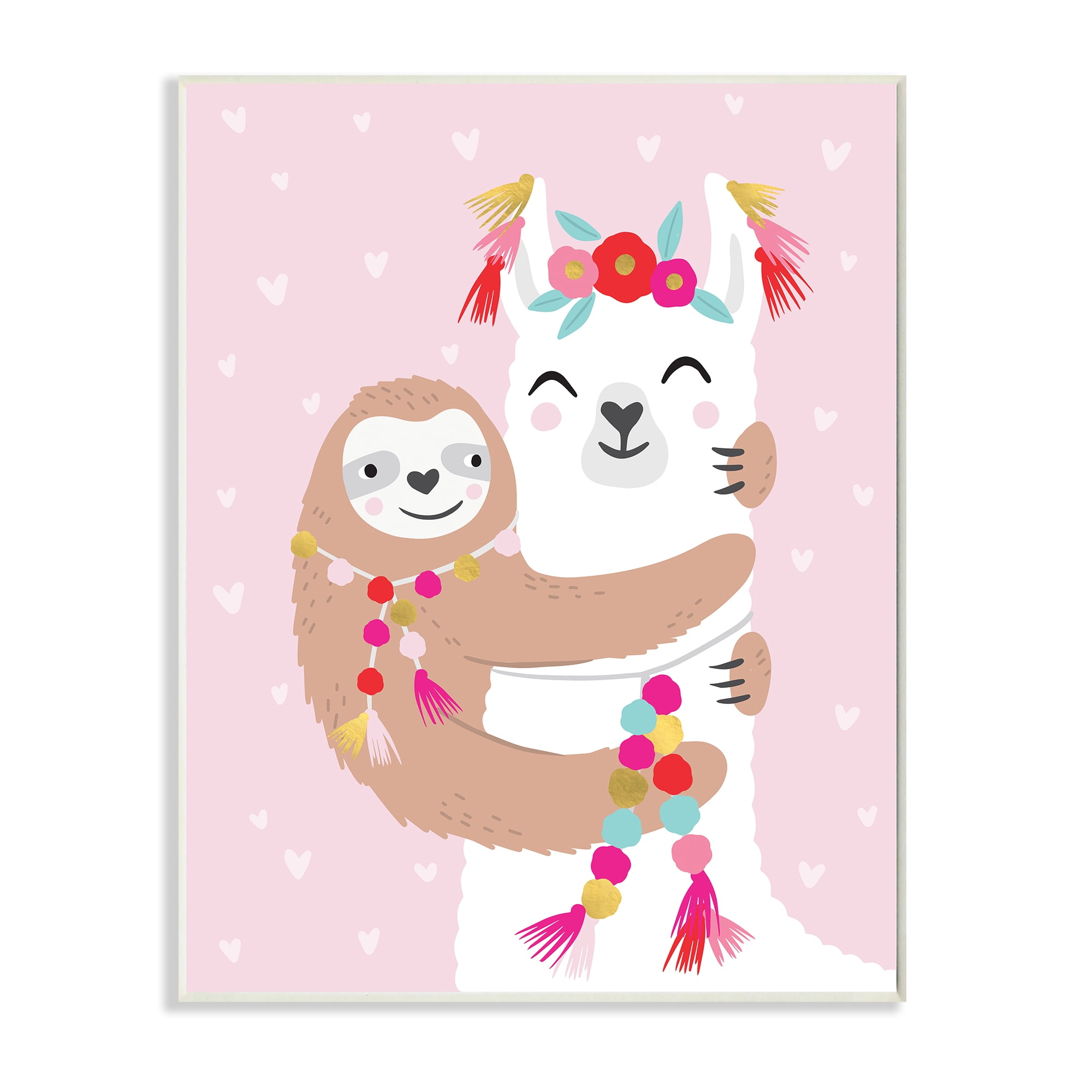 Stupell Industries Sloth Hugging Floral Llama Pink Heart Pattern,13 x 19,Designed by Caroline Alfreds