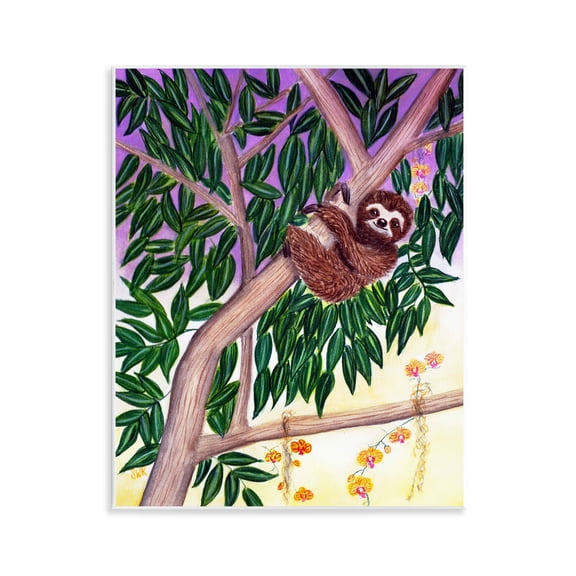 Stupell Industries Sloth In Tree with Smile Animals Painting Unframed Art Print Wall Art, 11 x 14
