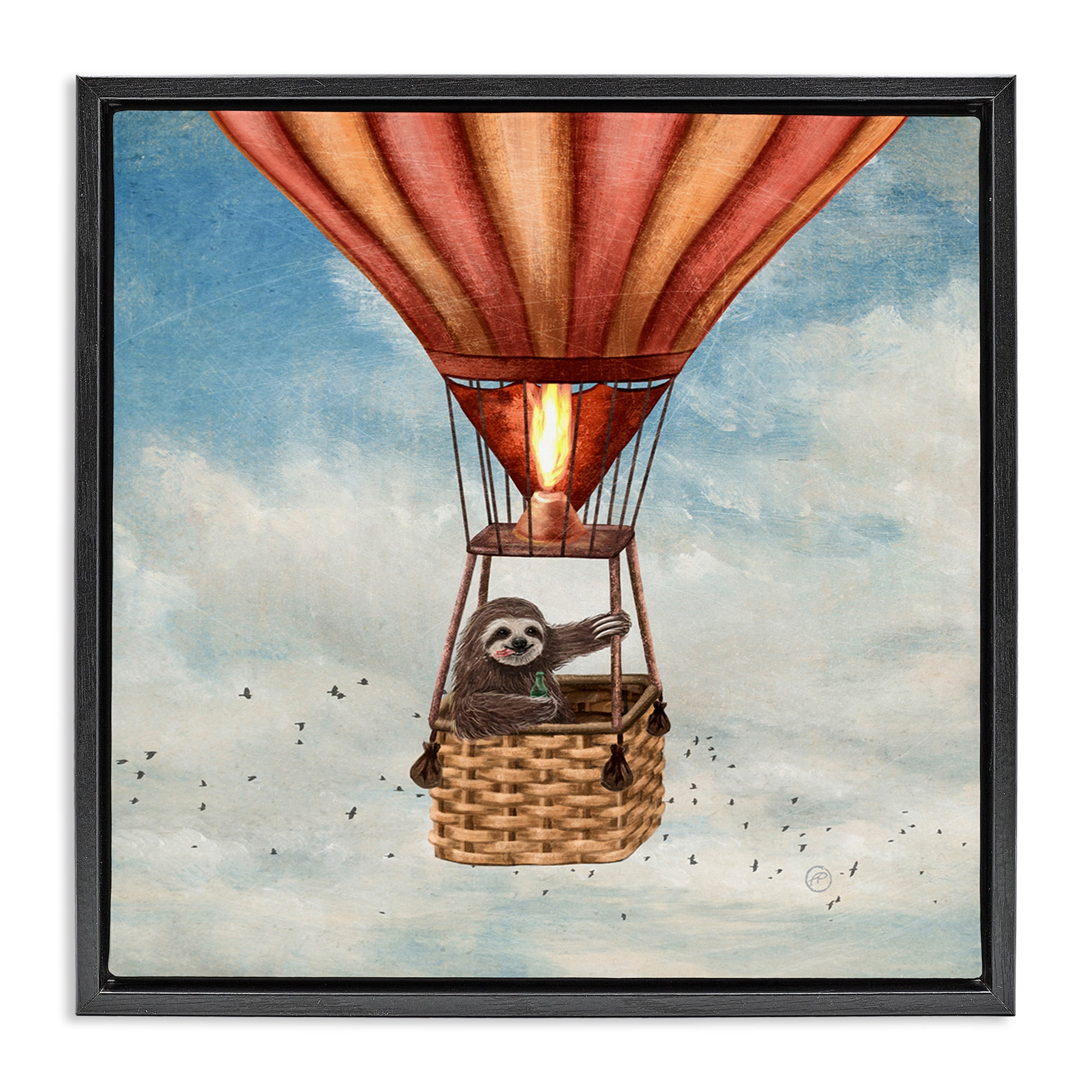 Stupell Industries Sloth in Hot Air Balloon Animals & Insects Painting Black Floater Framed Canvas Art Print Wall Art, 18 x 18