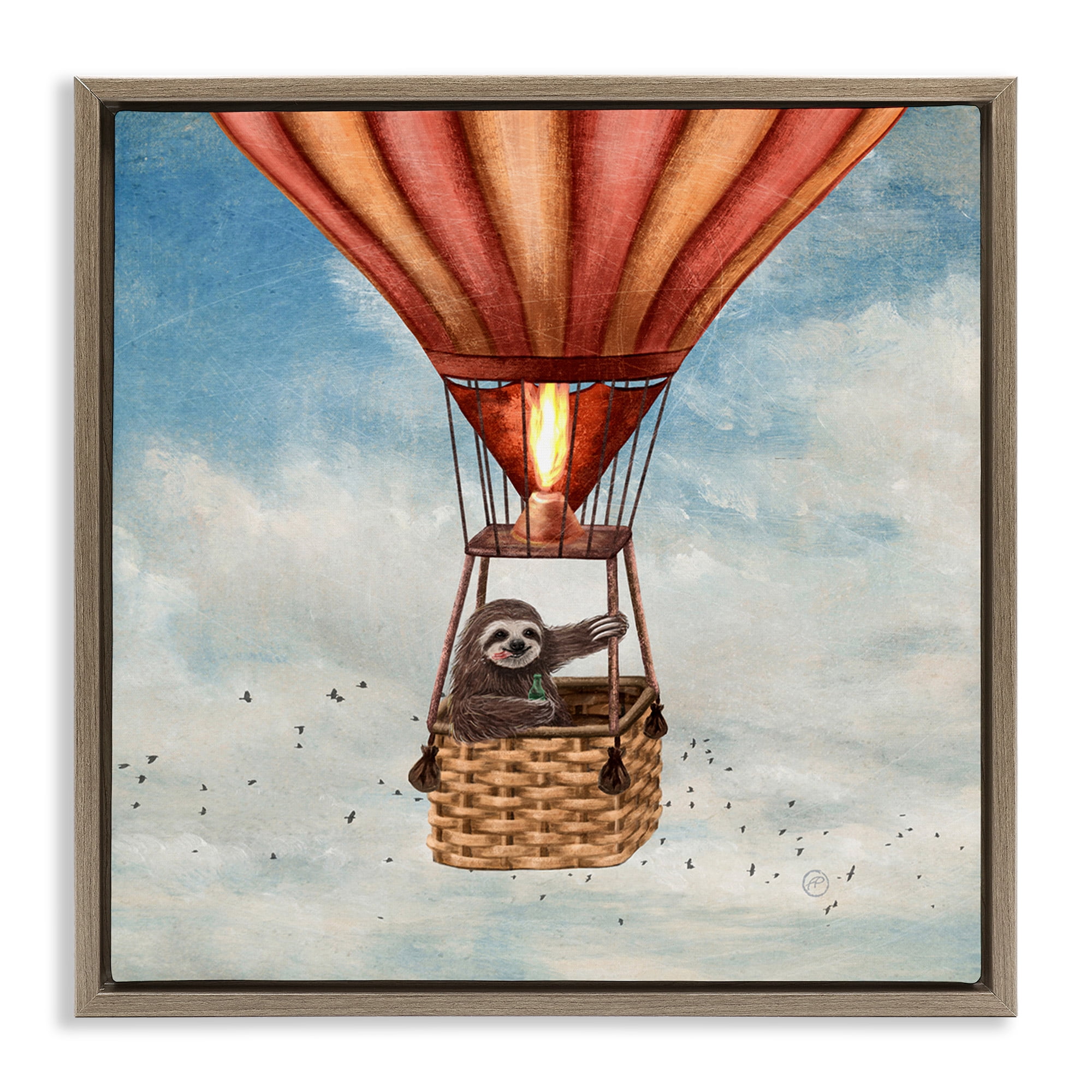 Stupell Industries Sloth in Hot Air Balloon Animals & Insects Painting Brown Floater Framed Canvas Art Print Wall Art, 18 x 18