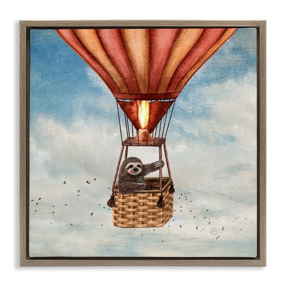 Stupell Industries Sloth in Hot Air Balloon Animals & Insects Painting Brown Floater Framed Canvas Art Print Wall Art, 18 x 18