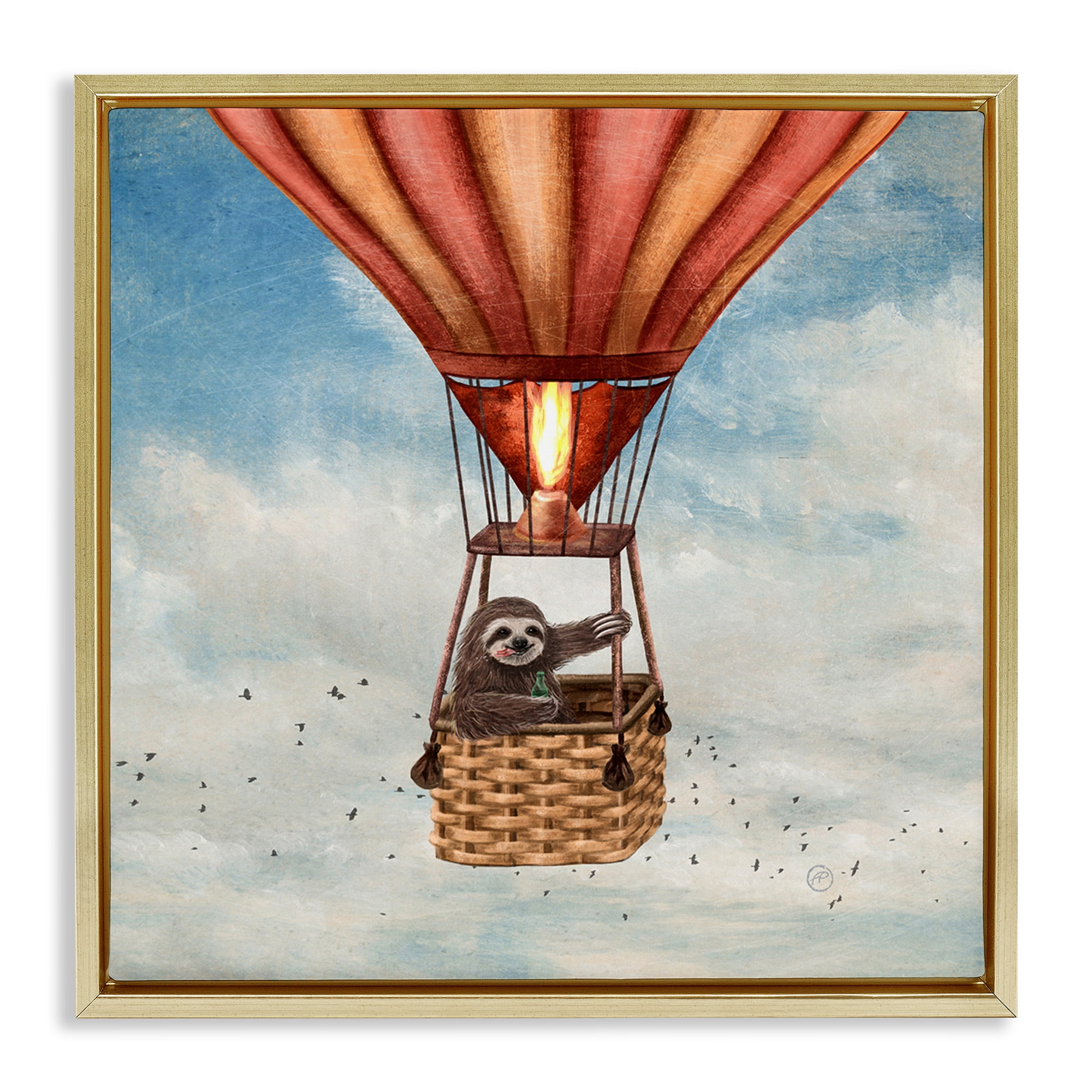 Stupell Industries Sloth in Hot Air Balloon Animals & Insects Painting Gold Floater Framed Canvas Art Print Wall Art, 18 x 18