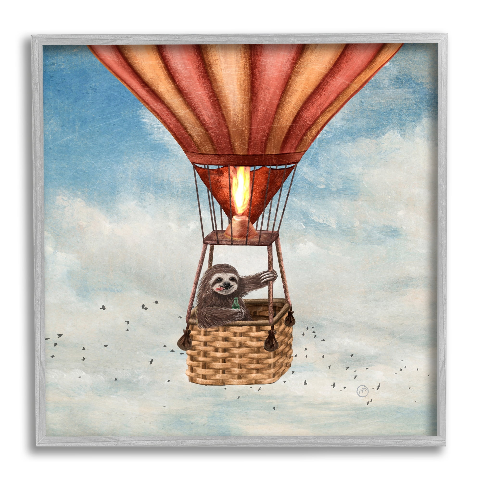 Stupell Industries Sloth in Hot Air Balloon Animals & Insects Painting Gray Framed Art Print Wall Art, 24 x 24