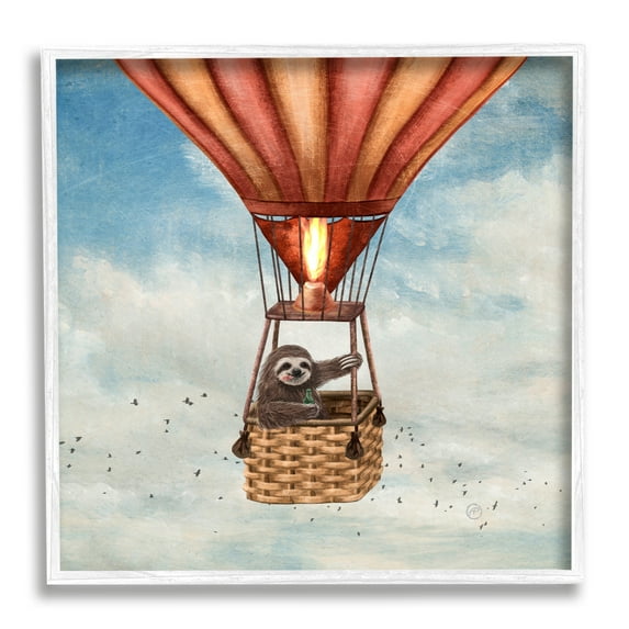 Stupell Industries Sloth in Hot Air Balloon Animals & Insects Painting White Framed Art Print Wall Art, 12 x 12