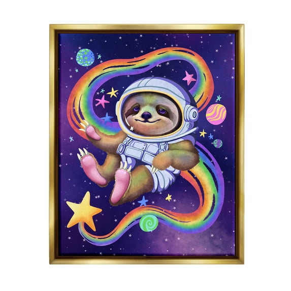 Stupell Industries Sloth in Outer Space Animals & Insects Painting Gold Floater Framed Canvas Art Print Wall Art, 17 x 21