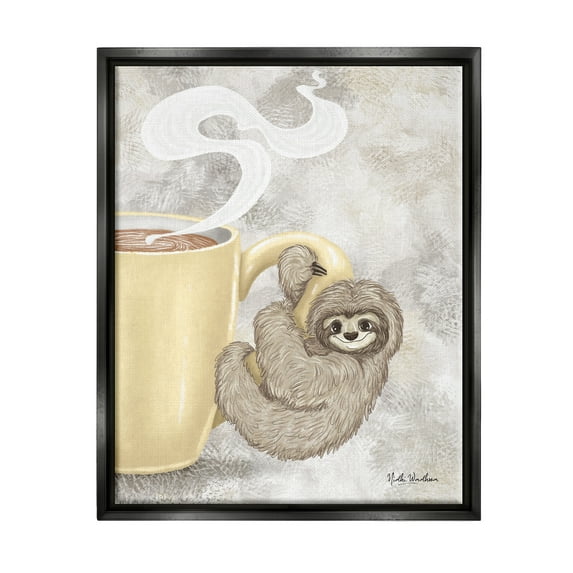 Stupell Industries Sloth on Coffee Mug Food & Beverage Painting Black Floater Framed Art Print Wall Art, 17 x 21