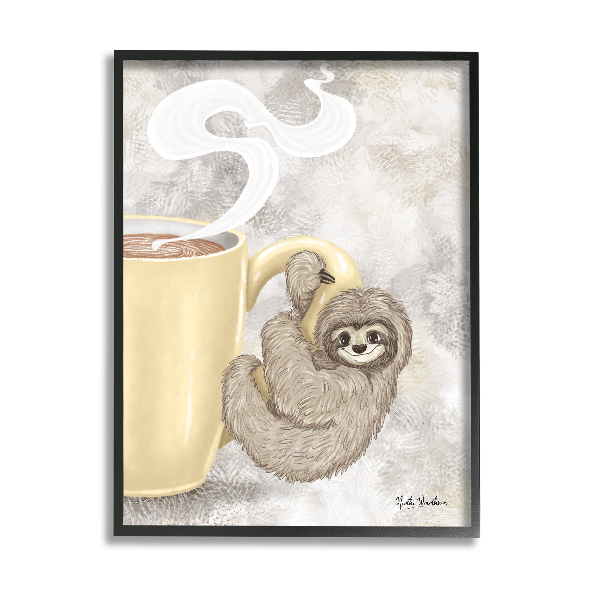 Stupell Industries Sloth on Coffee Mug Food & Beverage Painting Black Framed Art Print Wall Art, 24 x 30