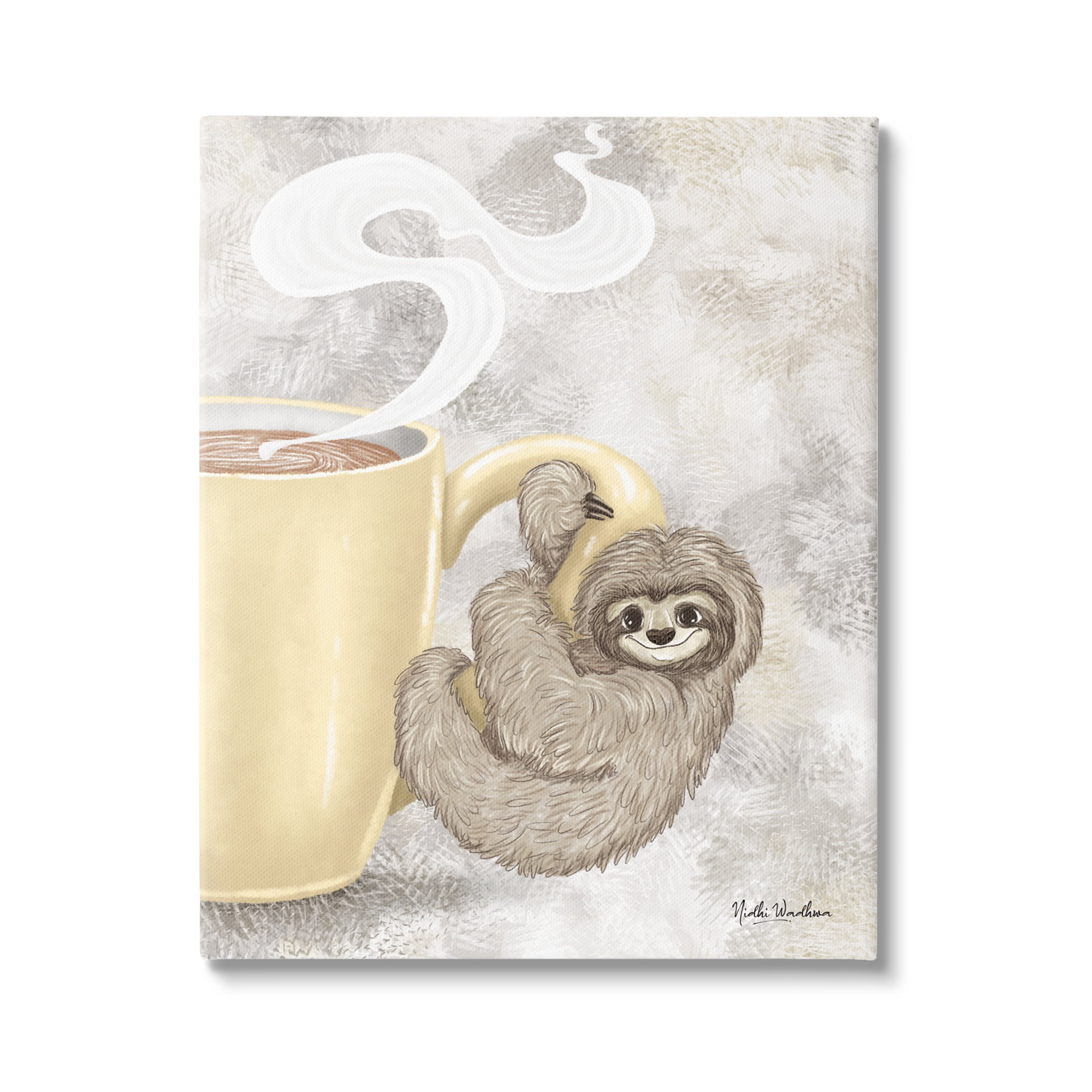 Stupell Industries Sloth on Coffee Mug Food & Beverage Painting Gallery Wrapped Canvas Print Wall Art, 24 x 30