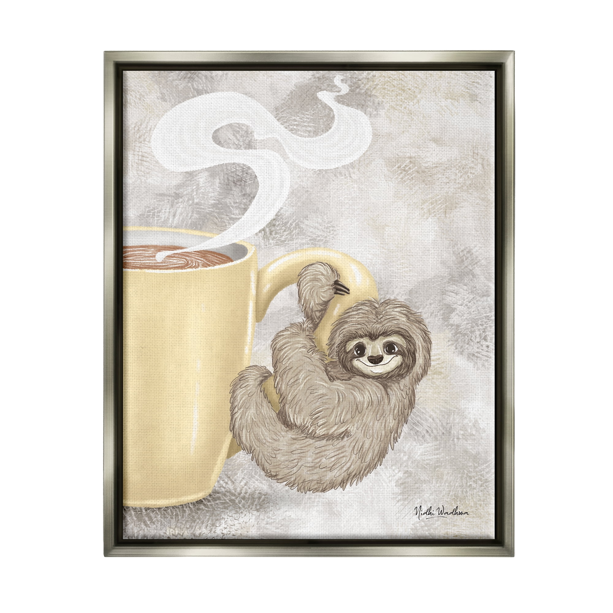 Stupell Industries Sloth on Coffee Mug Food & Beverage Painting Gray Floater Framed Art Print Wall Art, 17 x 21
