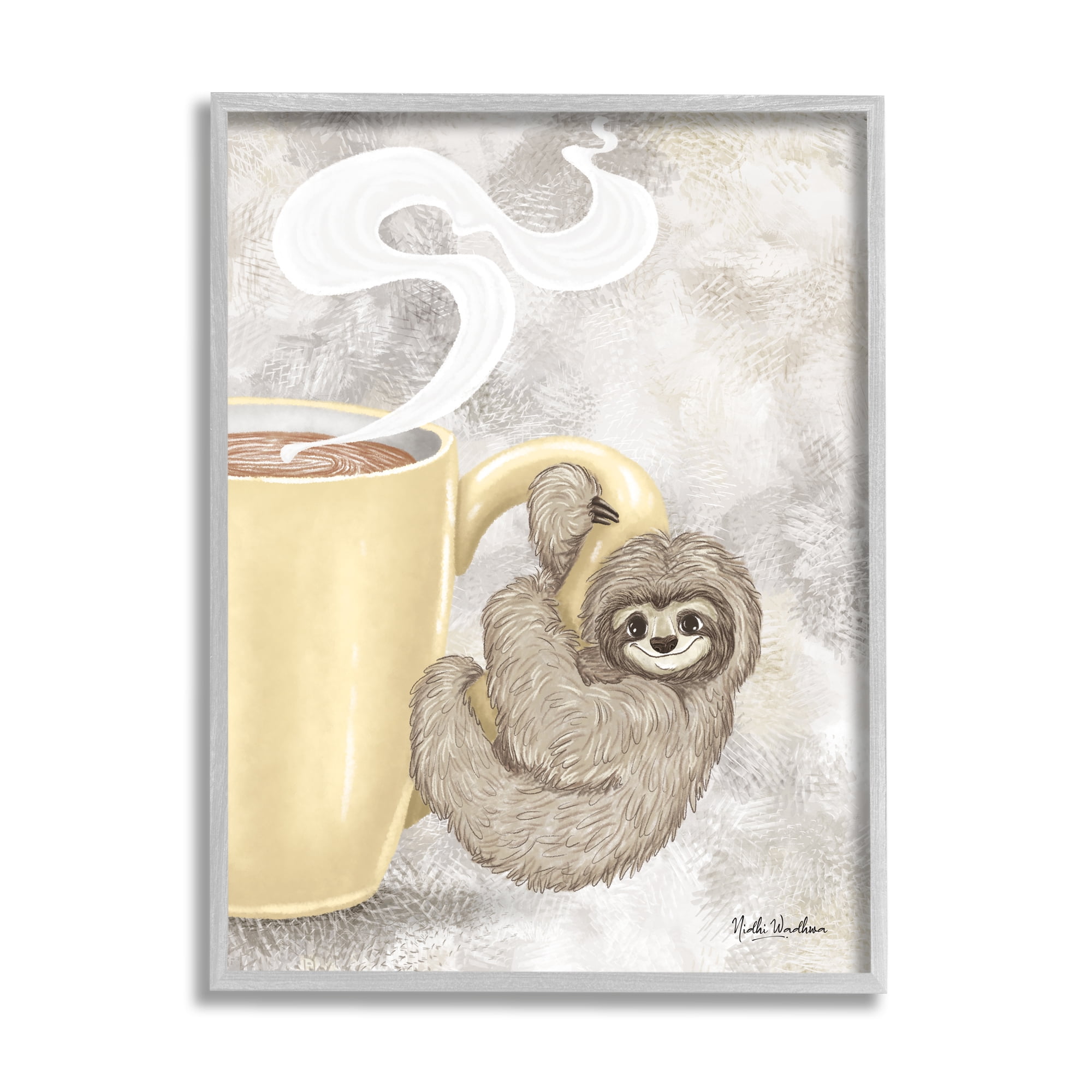 Stupell Industries Sloth on Coffee Mug Food & Beverage Painting Gray Framed Art Print Wall Art, 11 x 14