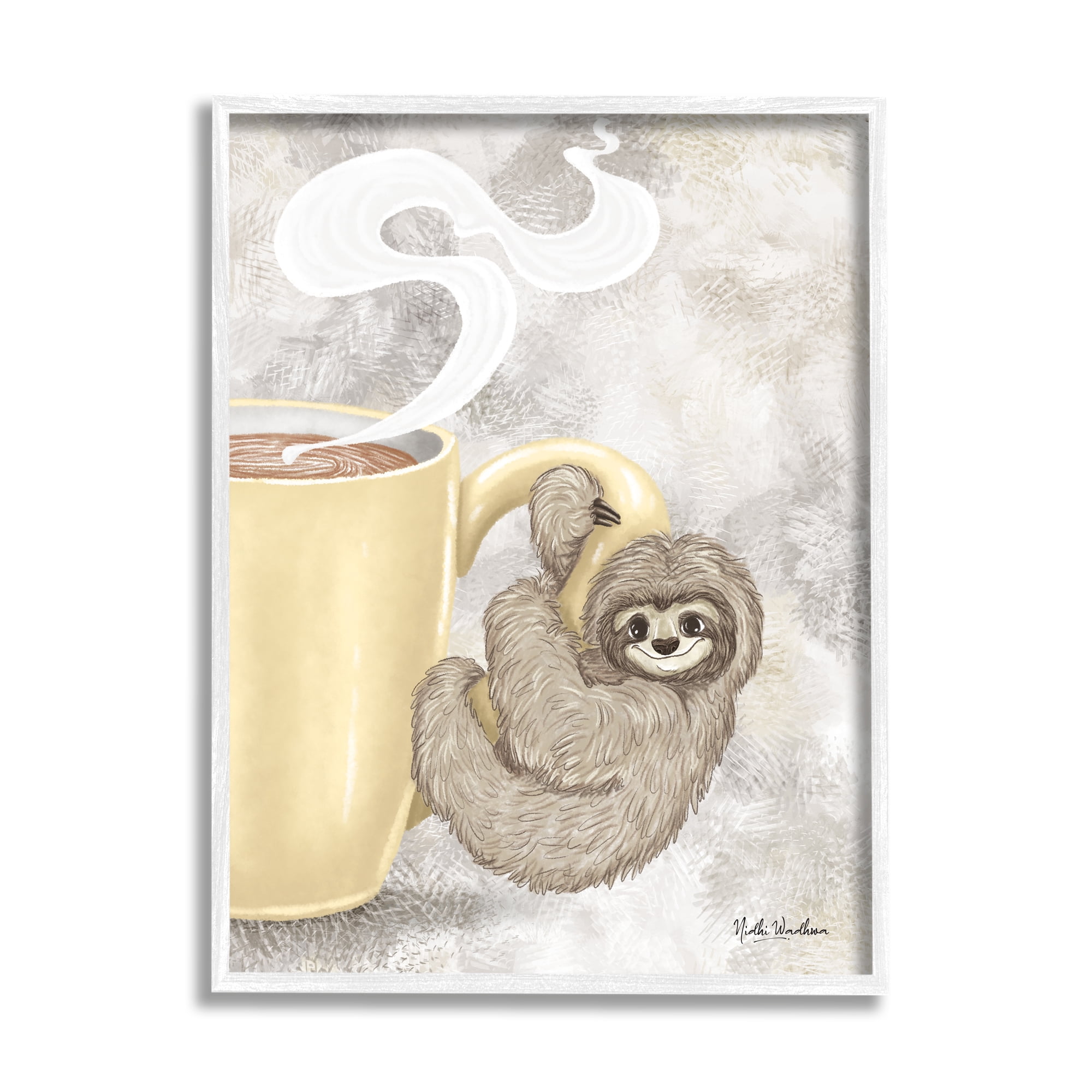 Stupell Industries Sloth on Coffee Mug Food & Beverage Painting White Framed Art Print Wall Art, 11 x 14